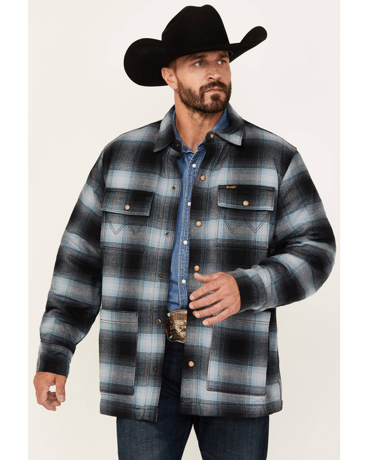 Men's Wrangler Hombre Sherpa Lined Plaid Print Snap Flannel Shirt Jack
