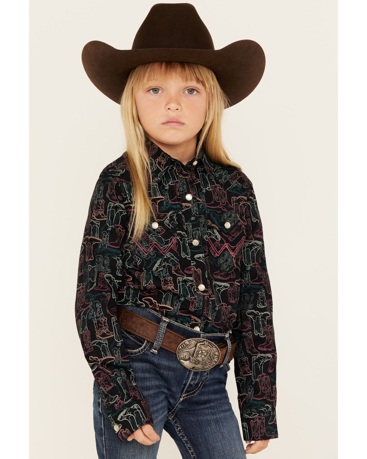 Girls' Wrangler Boot Print Long Sleeve Snap Western Shirt