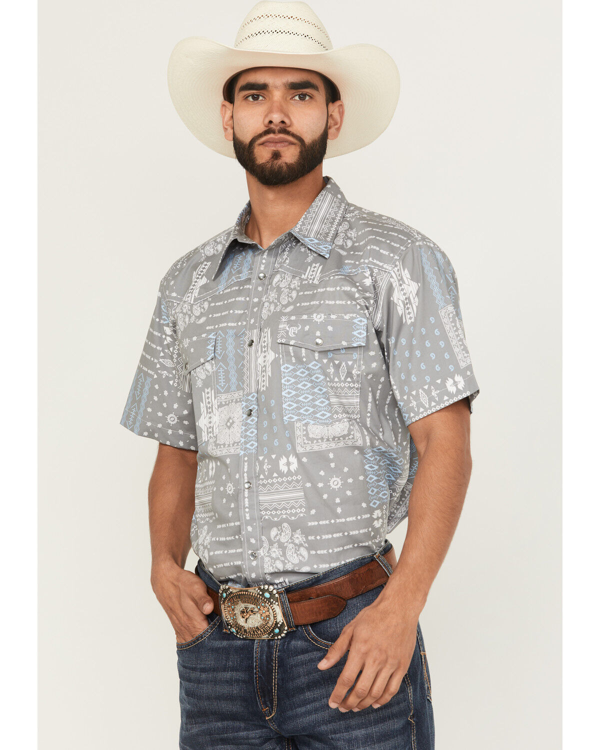 Men's Cowboy Hardware Southwestern Bandana Print Short Sleeve Snap Wes
