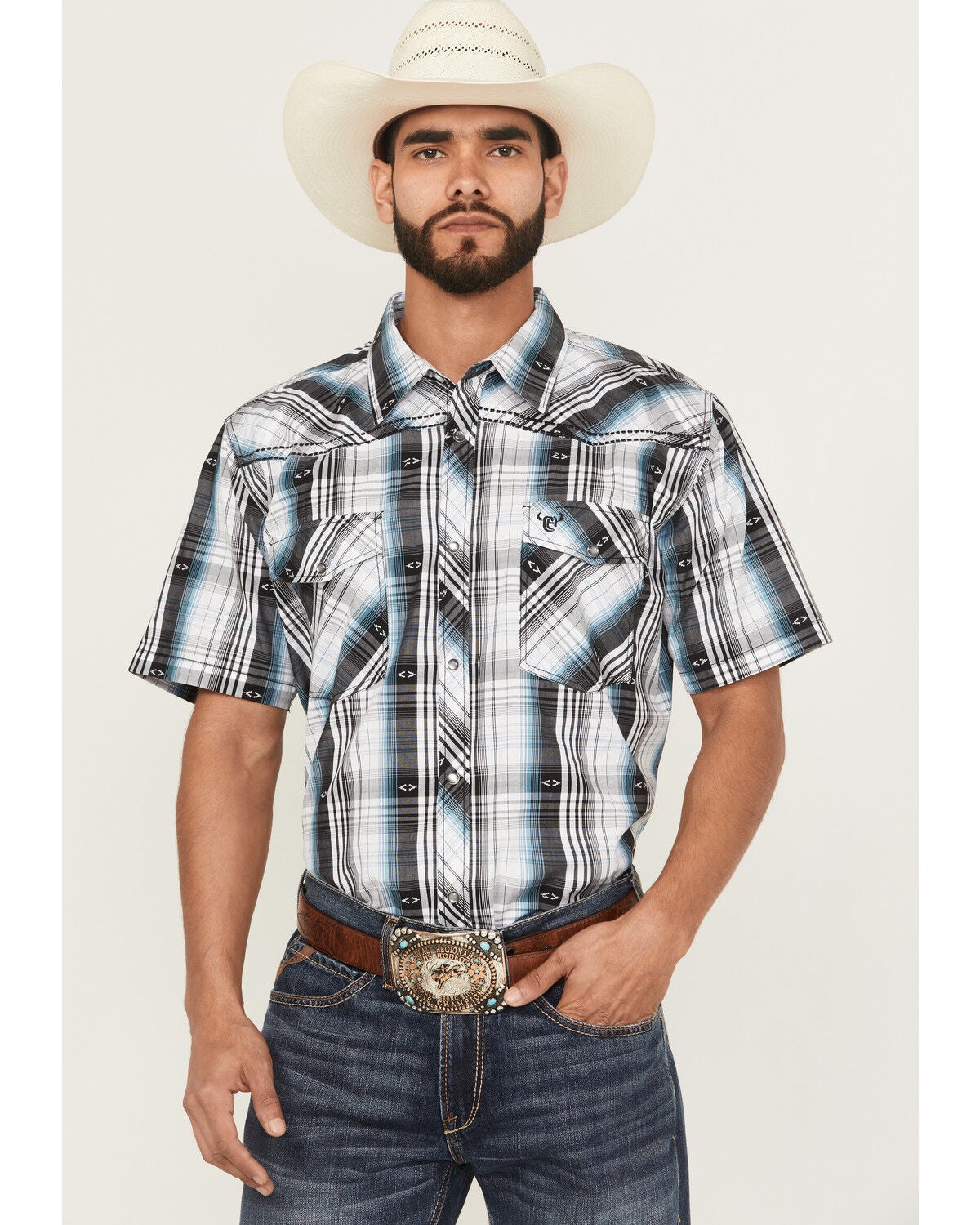 Men's Cowboy Hardware Plaid Print Short Sleeve Snap Western Shirt