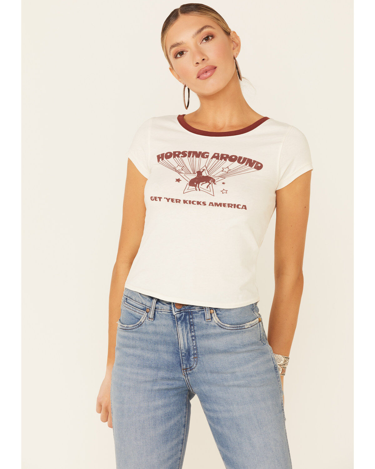 Women's Shyanne Off-White Horsing Around Graphic Short Sleeve Ringer T