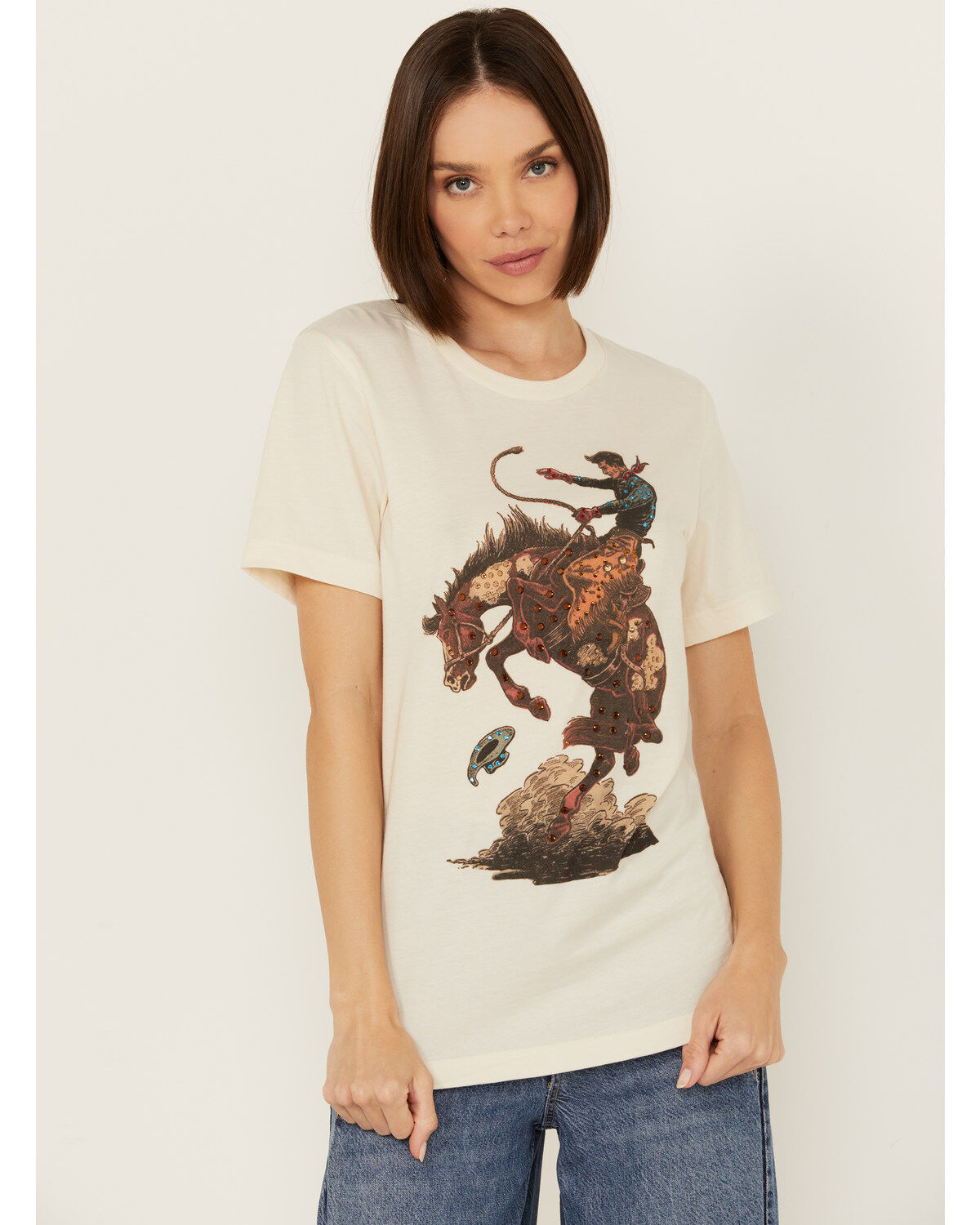 Women's Gina Tees Boujee Broncho Rhinestone Short Sleeve Graphic Tee