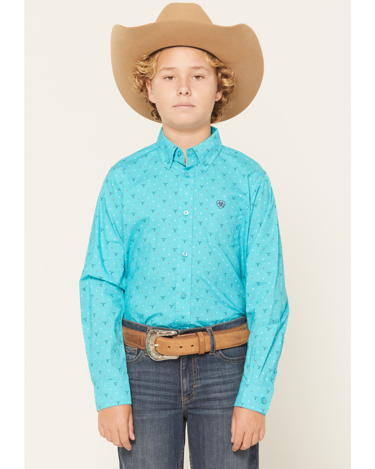 Boys' Ariat Steer Print Long Sleeve Button-Down Western Shirt
