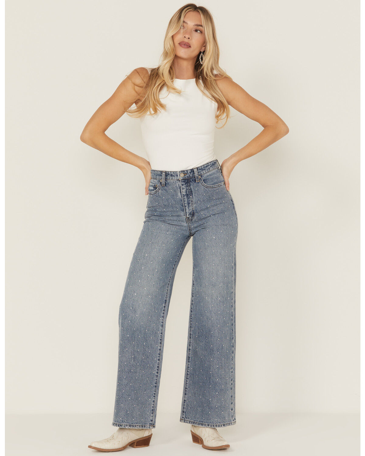 Women's Daze Far Out Medium Wash High Rise Studded Wide Leg Denim Jean