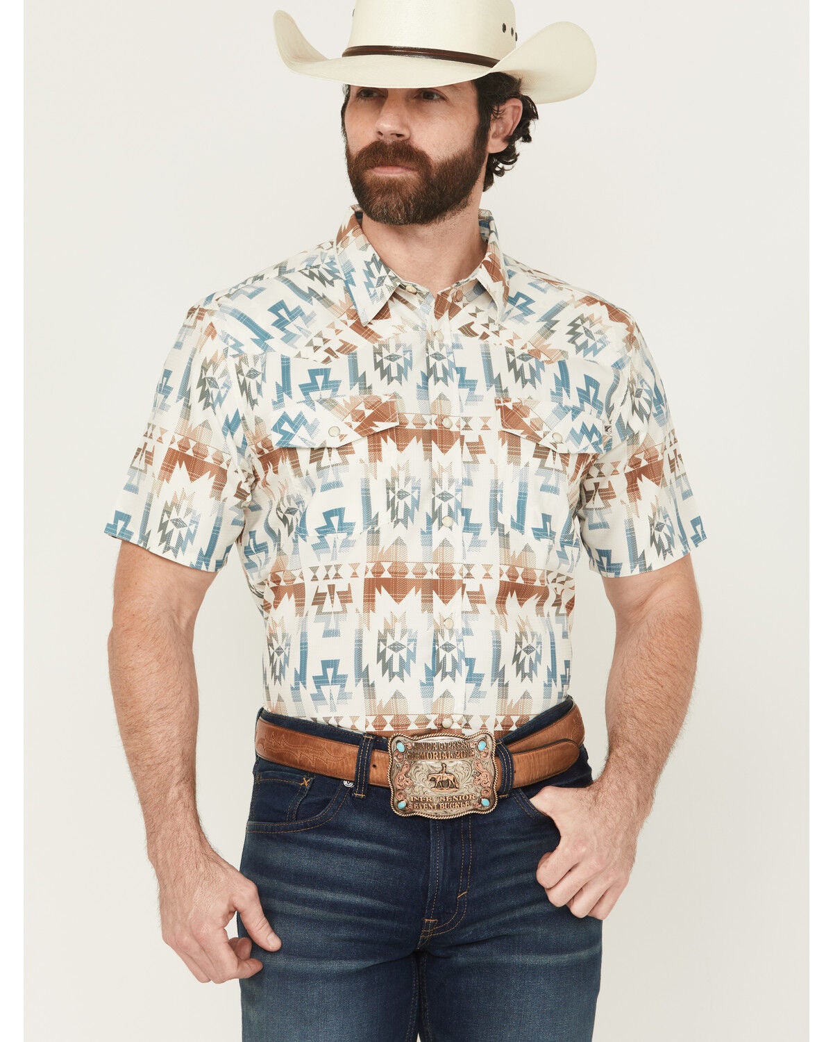 Men's RANK 45 Everglades Southwestern Print Short Sleeve Snap Perform