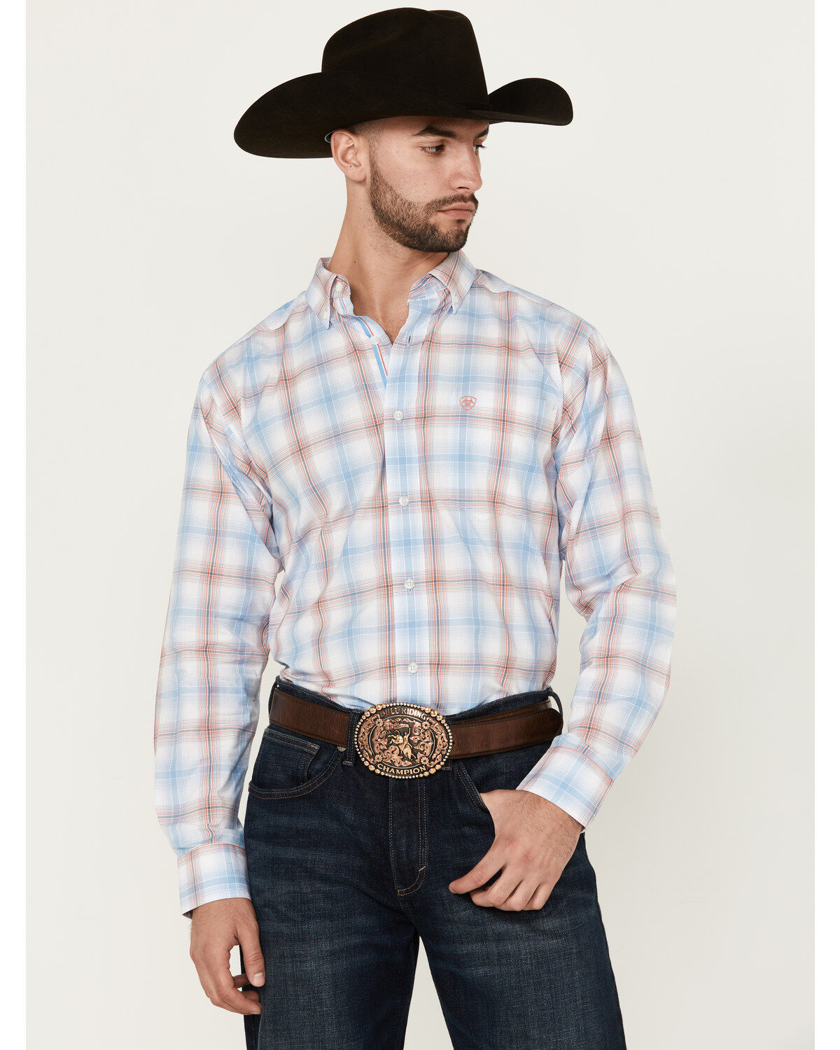 Men's Ariat Joshua Ombre Plaid Print Long Sleeve Button-Down Performan