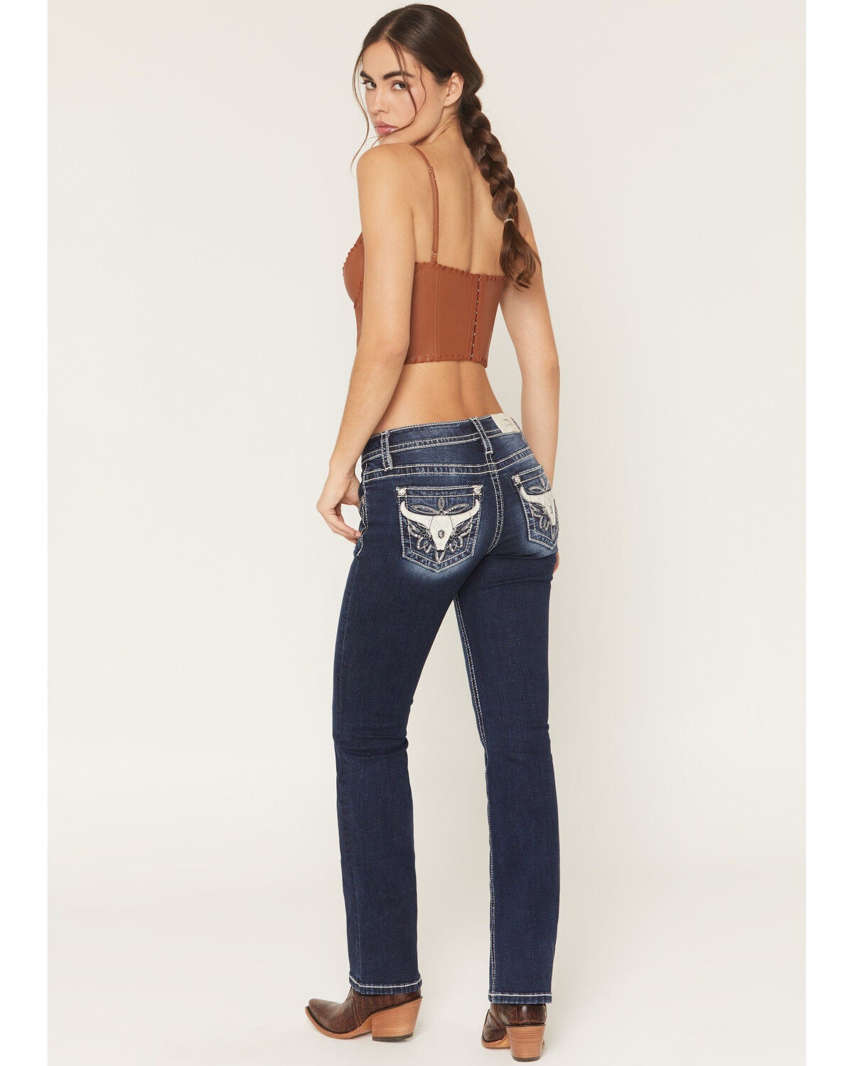 Women's Miss Me Dark Wash Mid Rise Steerhead Pocket 32" Bootcut Stretc