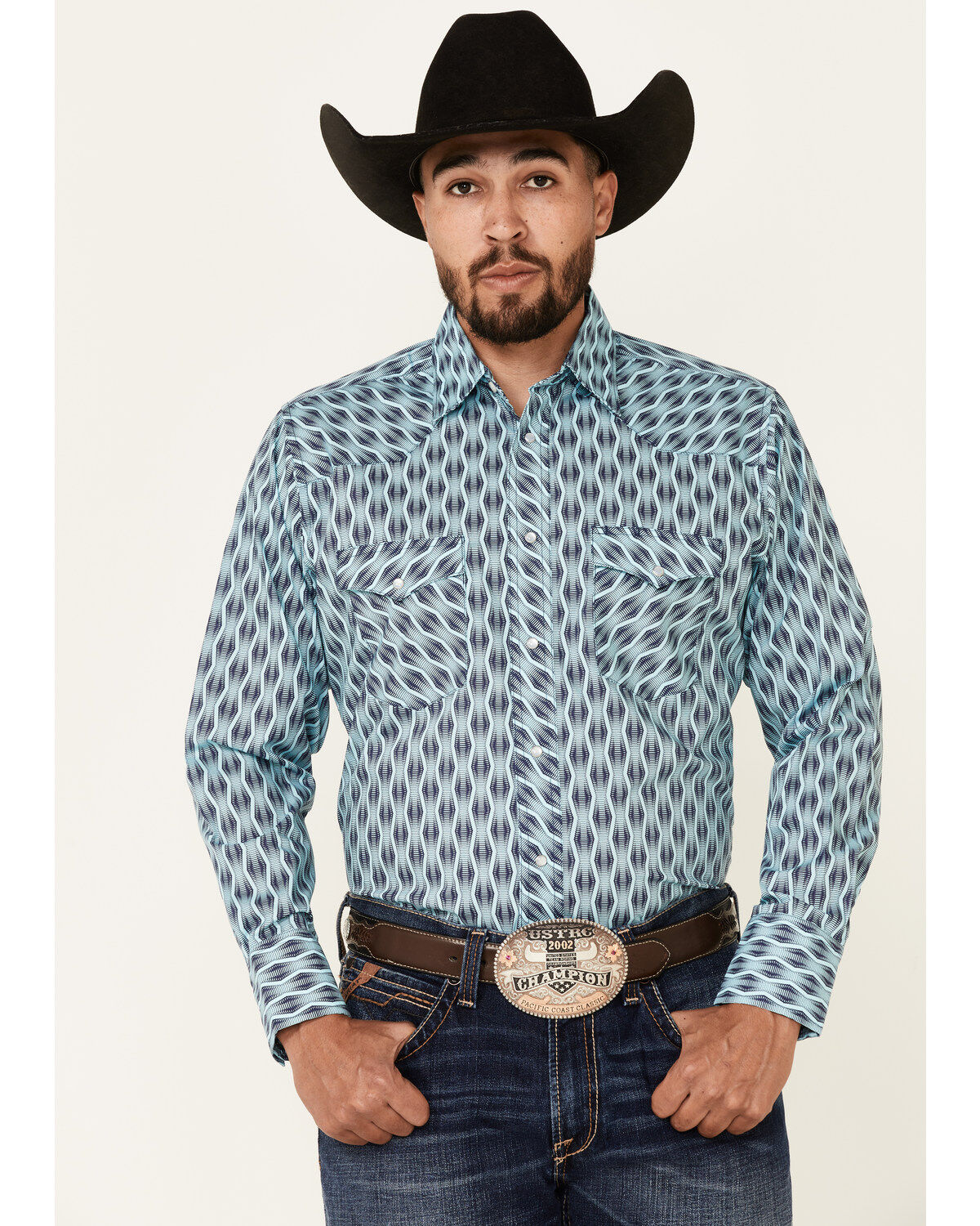 Men's Silver Wrangler Edition Turquoise Southwestern Stripe Long Sleev