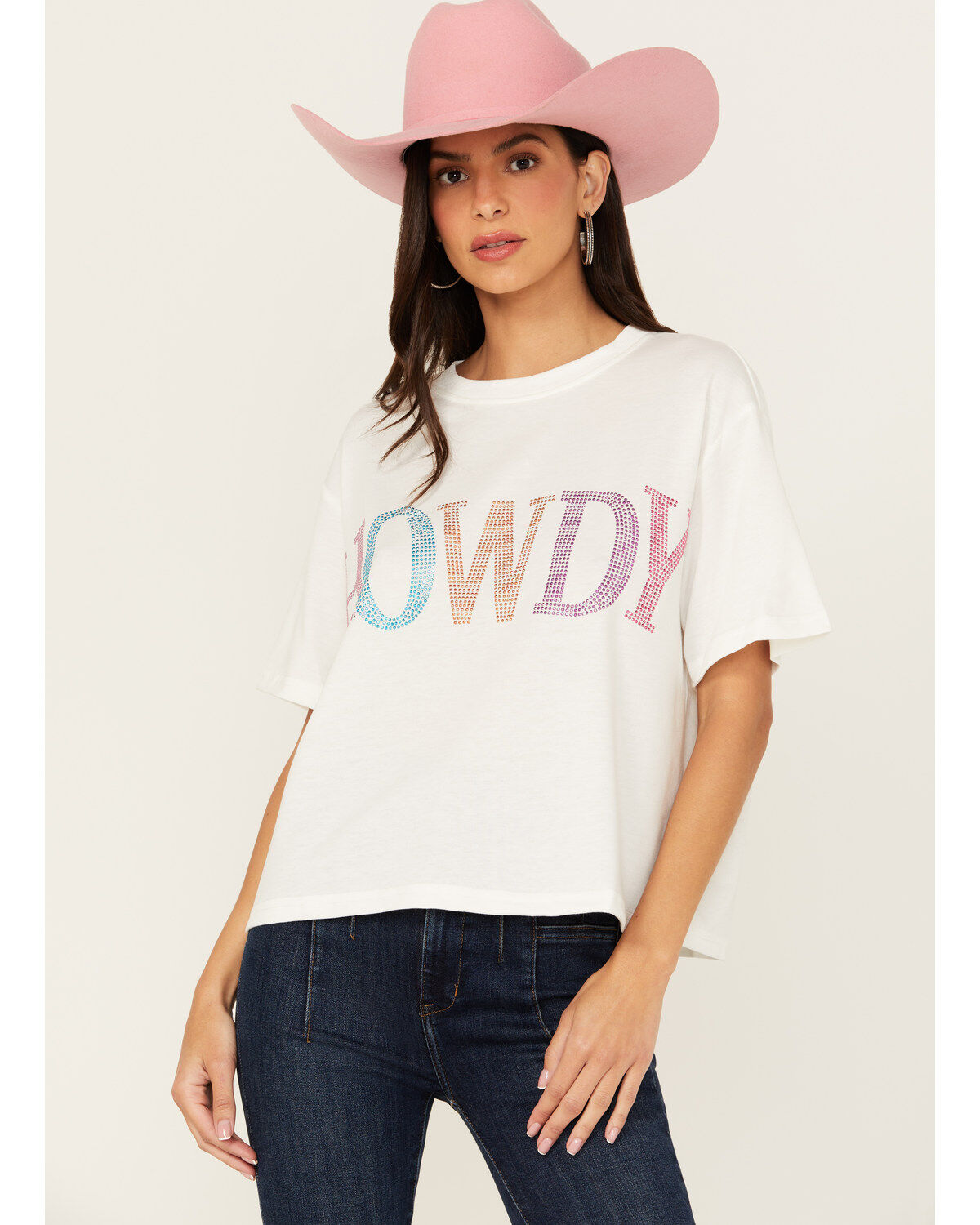 Women's Mainstrip Howdy Rhinestone Short Sleeve Cropped Graphic Tee