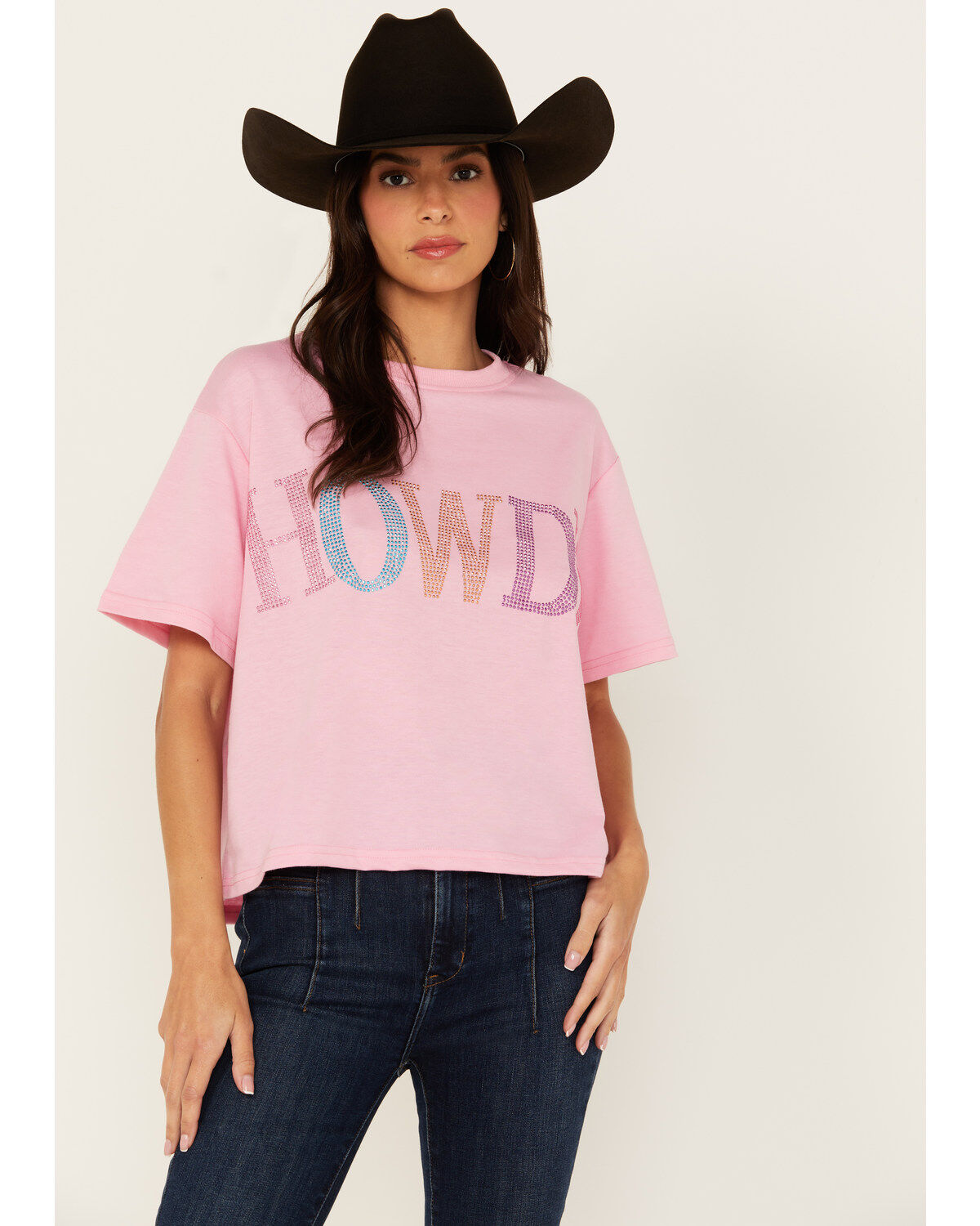Women's Mainstrip Howdy Rhinestone Short Sleeve Cropped Graphic Tee