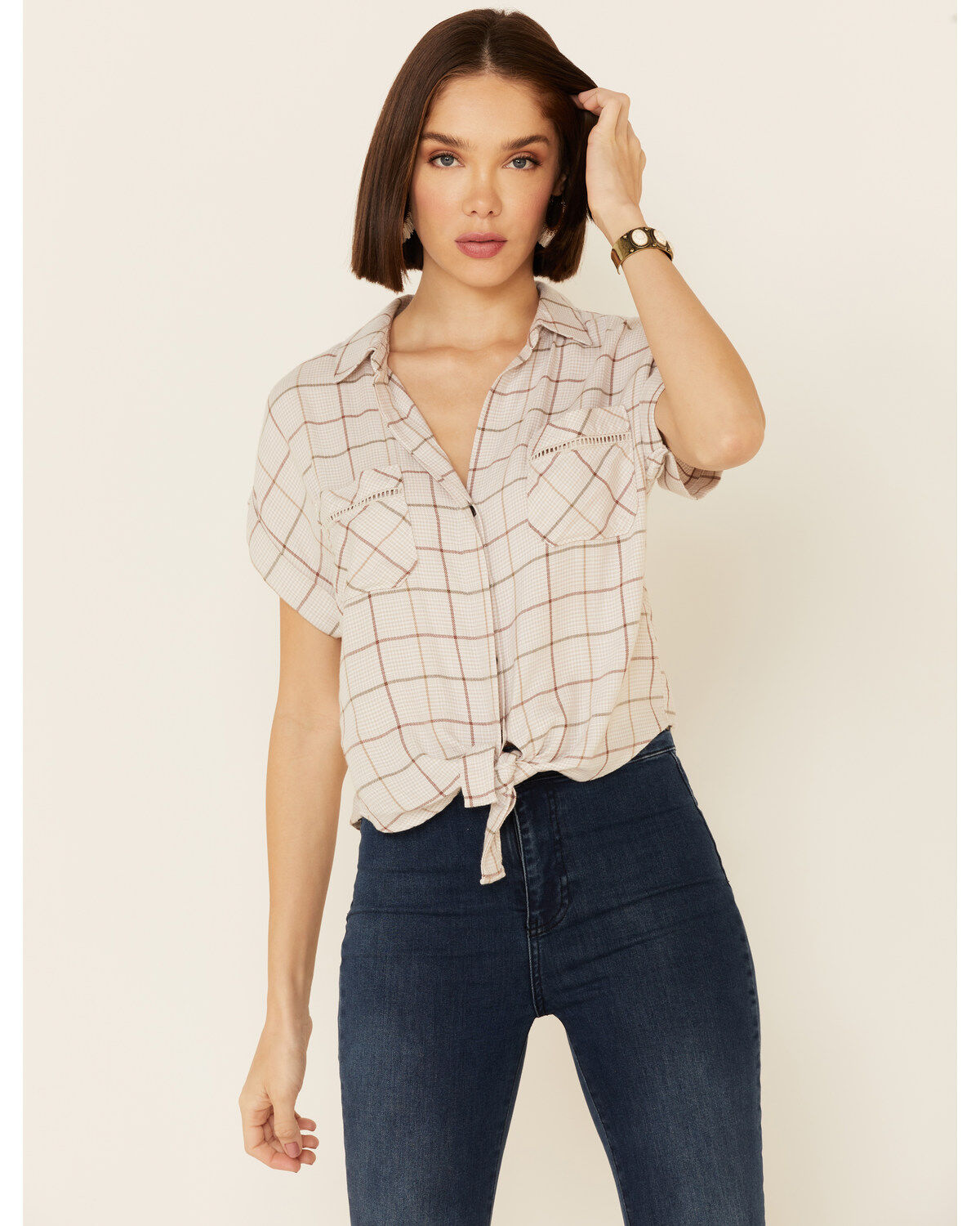 Women's Shyanne Windowpane Plaid Tie-Front Short Sleeve Western Shirt