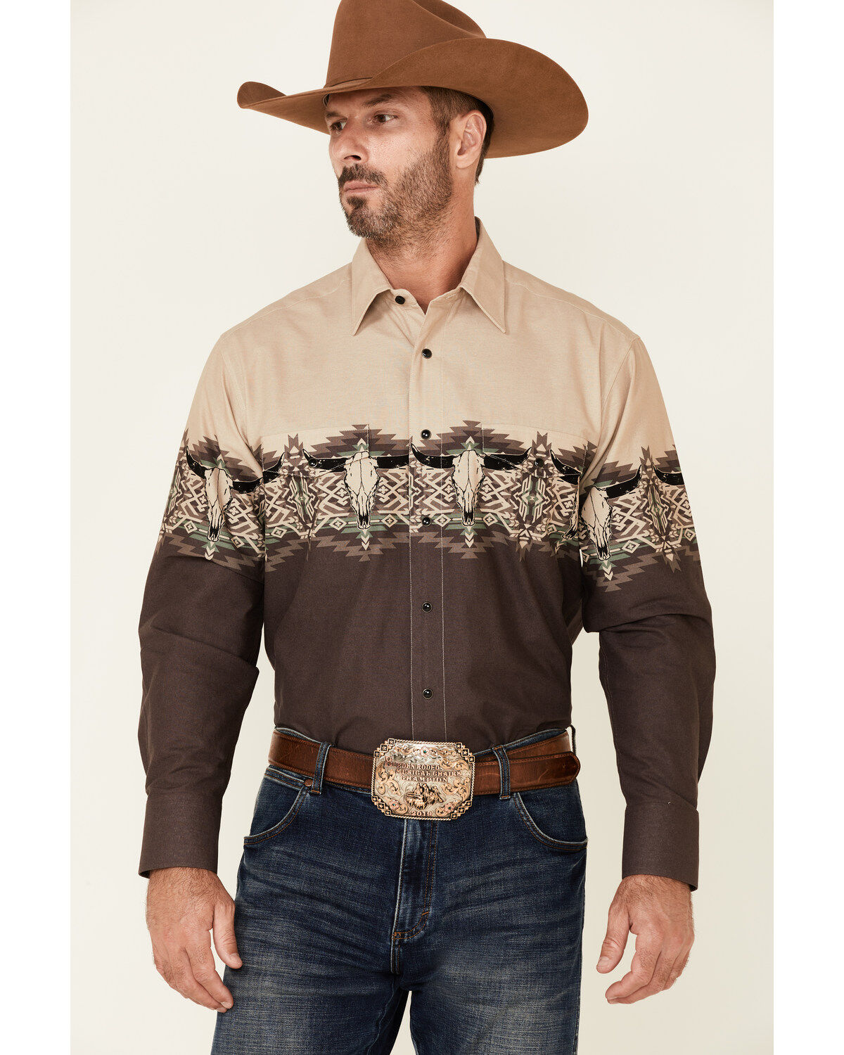 Men's Panhandle Brown Southwestern Longhorn Border Print Long Sleeve S