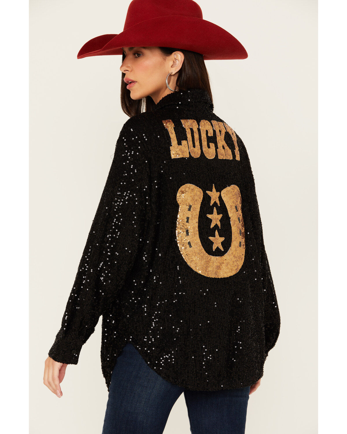 Women's Mainstrip Lucky Sequins Long Sleeve Button-Down Top