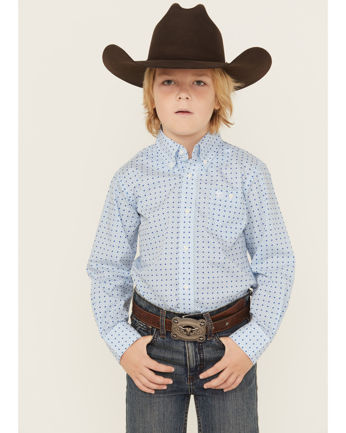 Boys' Wrangler Dotted Long Sleeve Button-Down Stretch Western Shirt