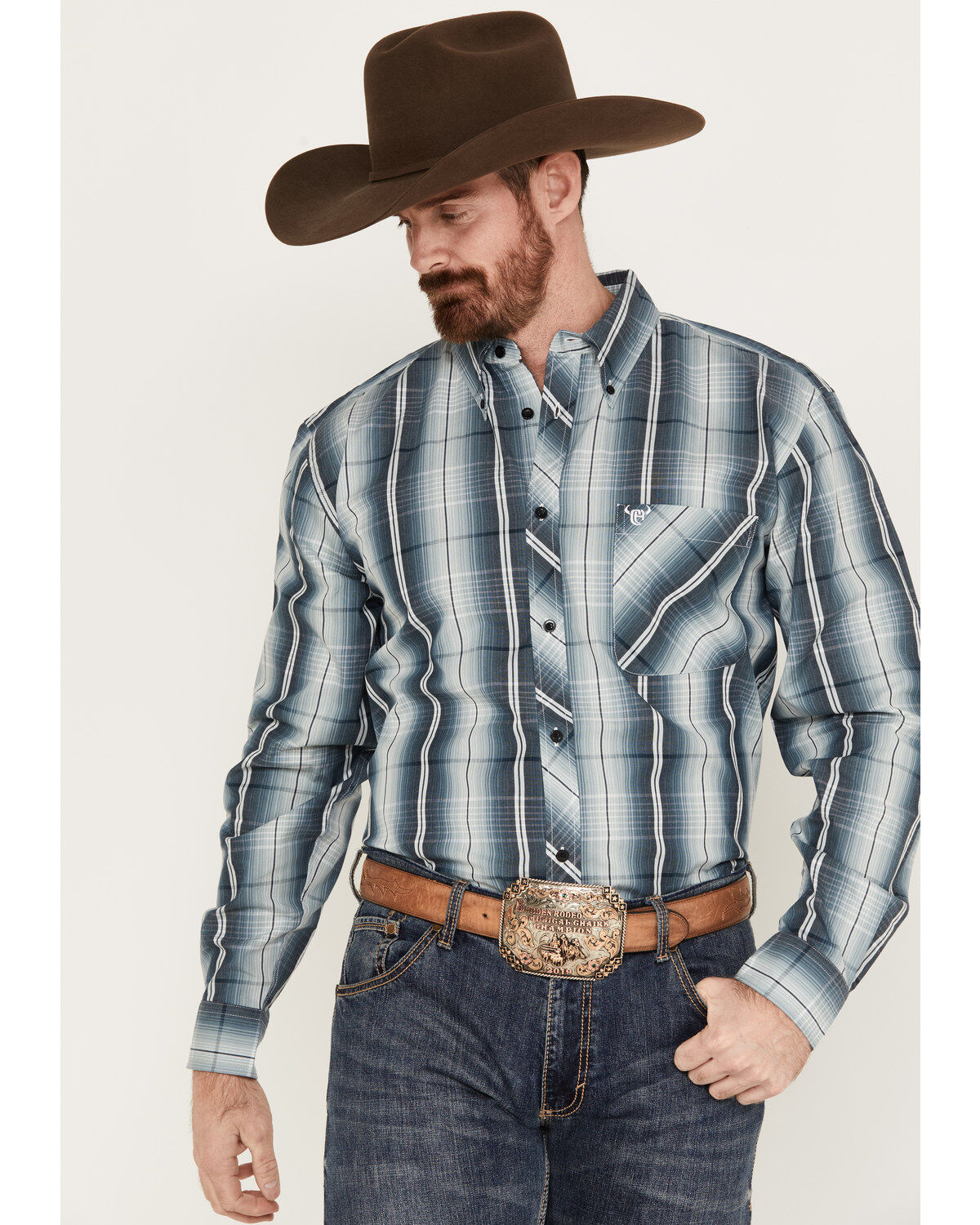 Men's Cowboy Hardware Gradient Plaid Print Long Sleeve Button Down Wes