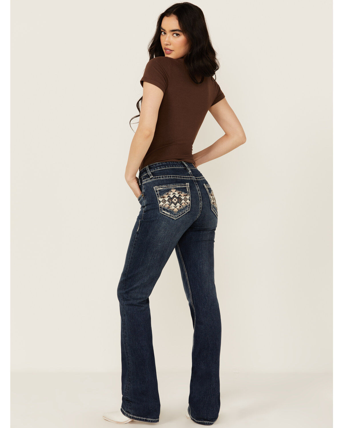 Women's Rock & Roll Denim Dark Wash Mid Rise Geo Pocket Bootcut Stretc