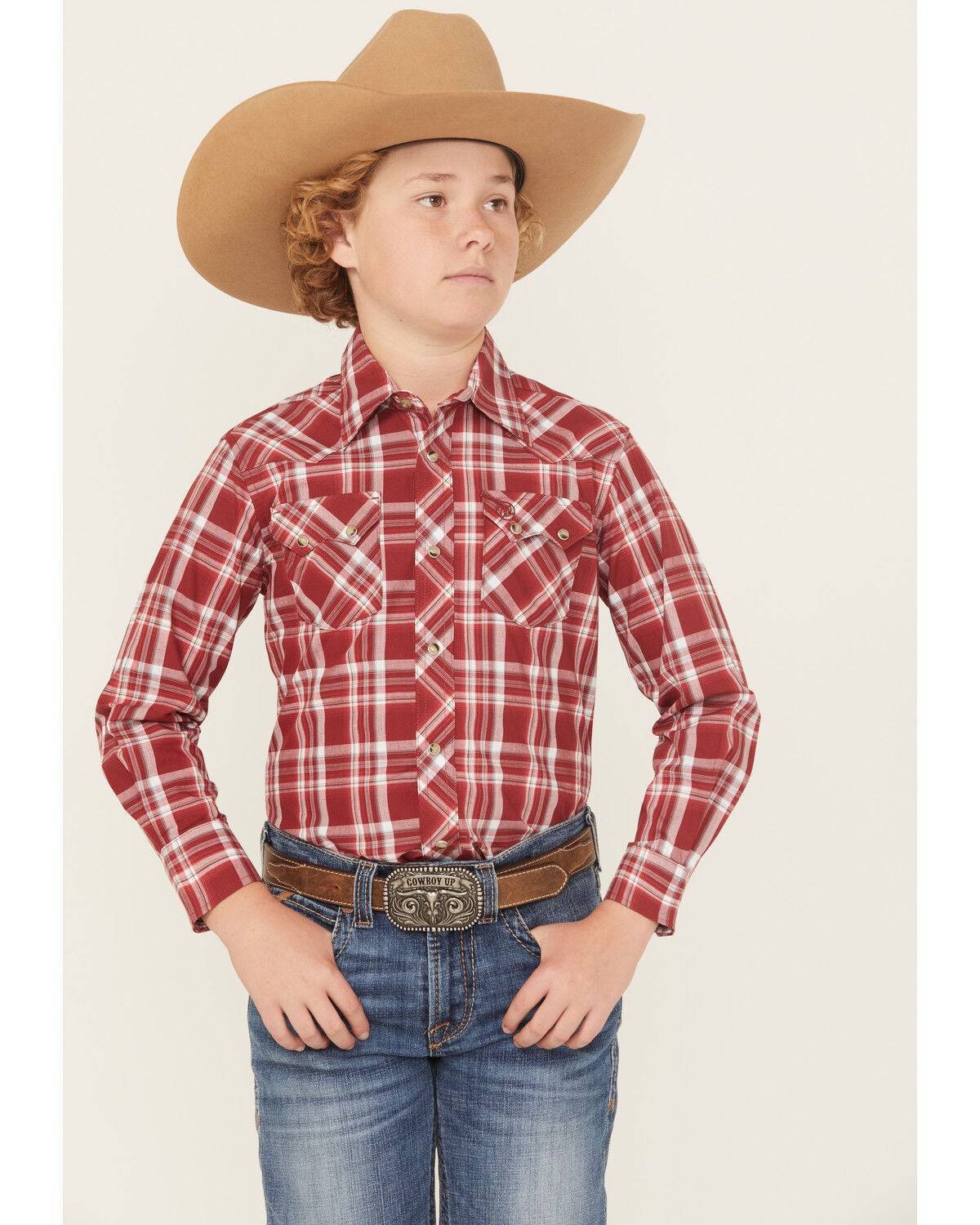 Boys' Wrangler Retro Plaid Print Long Sleeve Snap Western Shirt