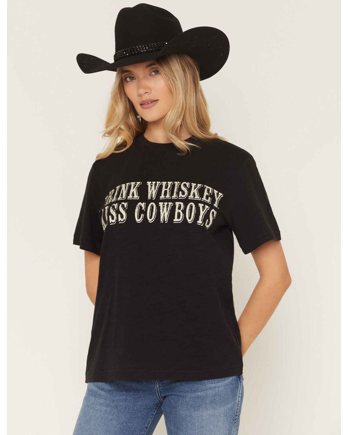 Women's Shyanne Drink Whiskey Kiss Cowboys Short Sleeve Graphic Tee