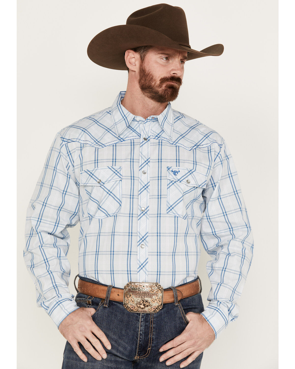 Men's Cowboy Hardware Plaid Print Long Sleeve Western Pearl Snap Shirt