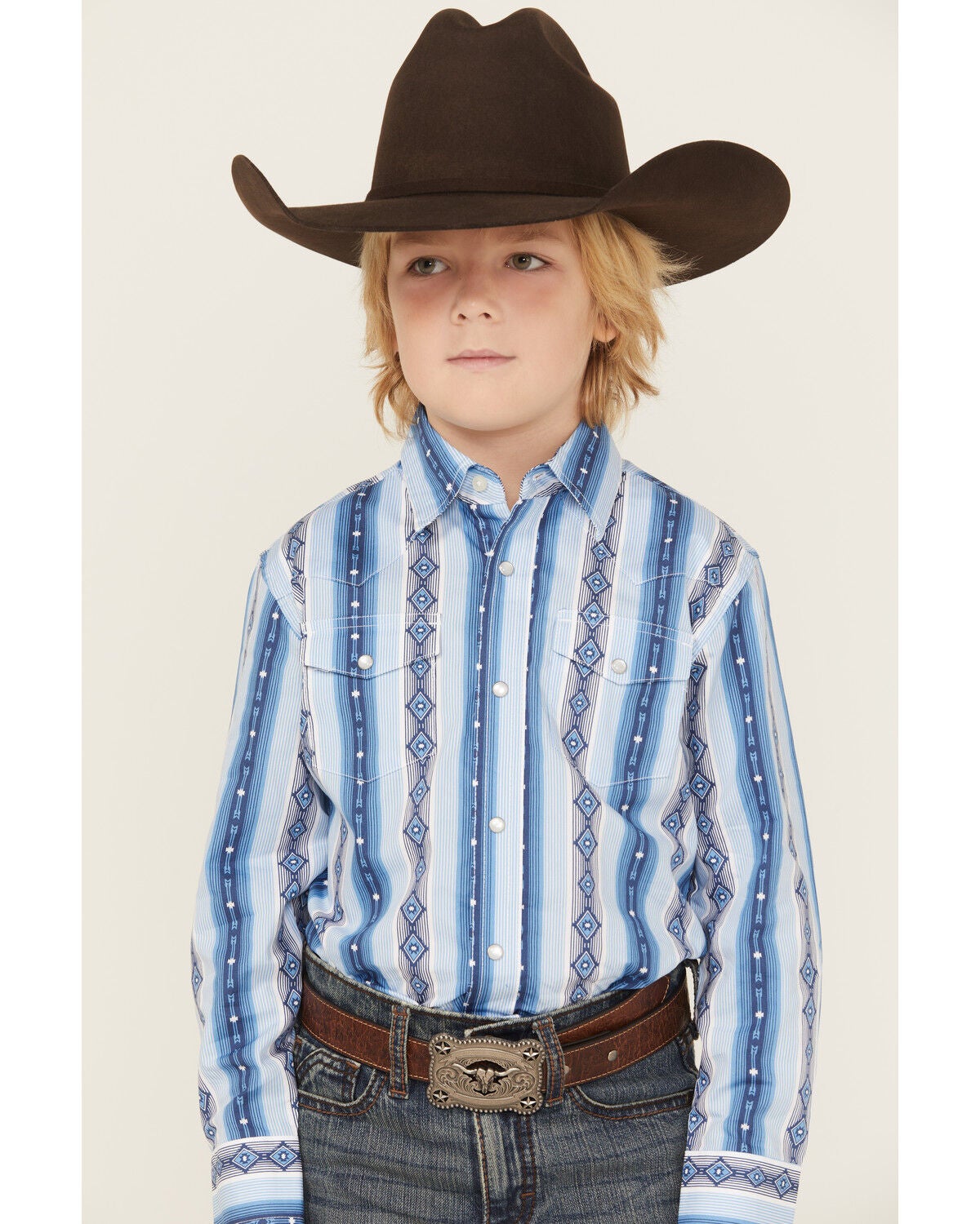 Boys' Wrangler Checotah Southwestern Striped Print Long Sleeve Snap We