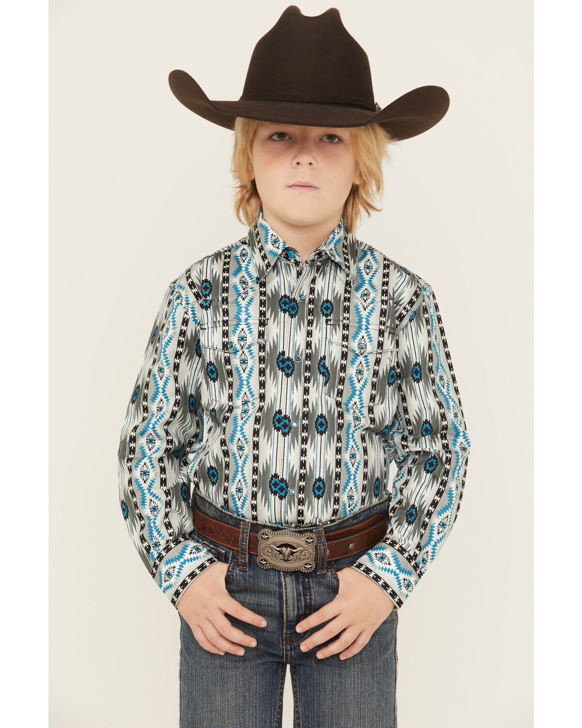 Boys' Wrangler Checotah Southwestern Print Long Sleeve Snap Western Sh