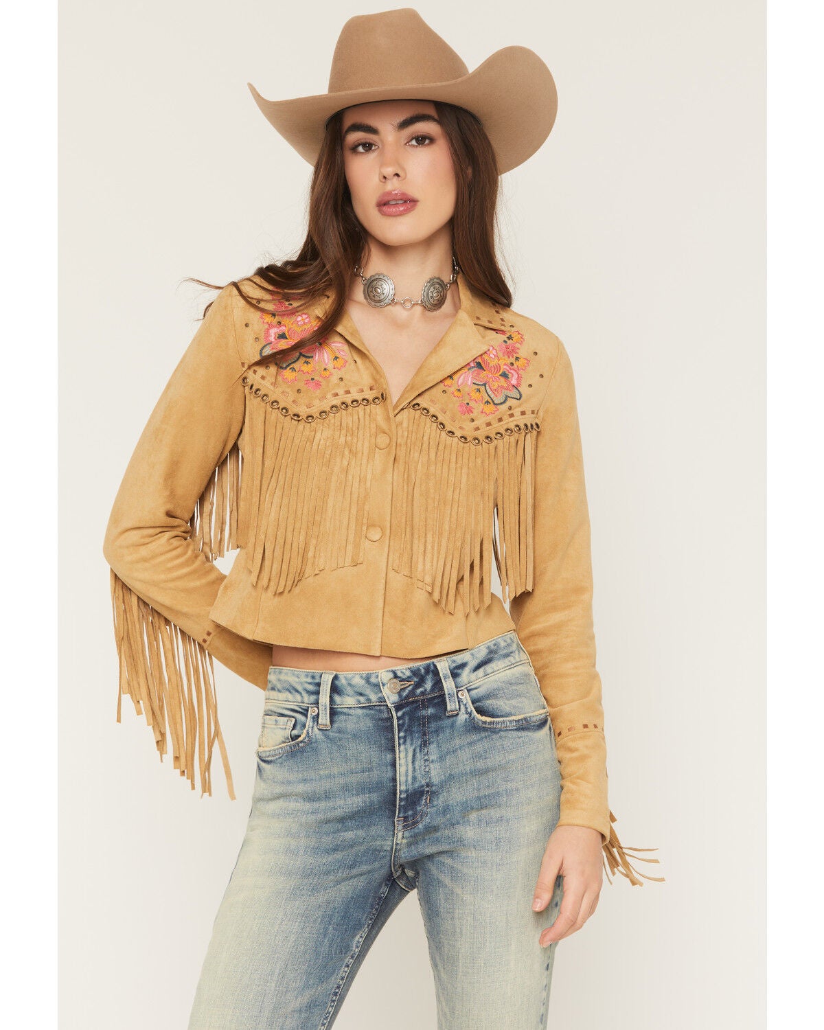 Women's Shyanne Dixon Embroidered Faux Suede Fringe Jacket