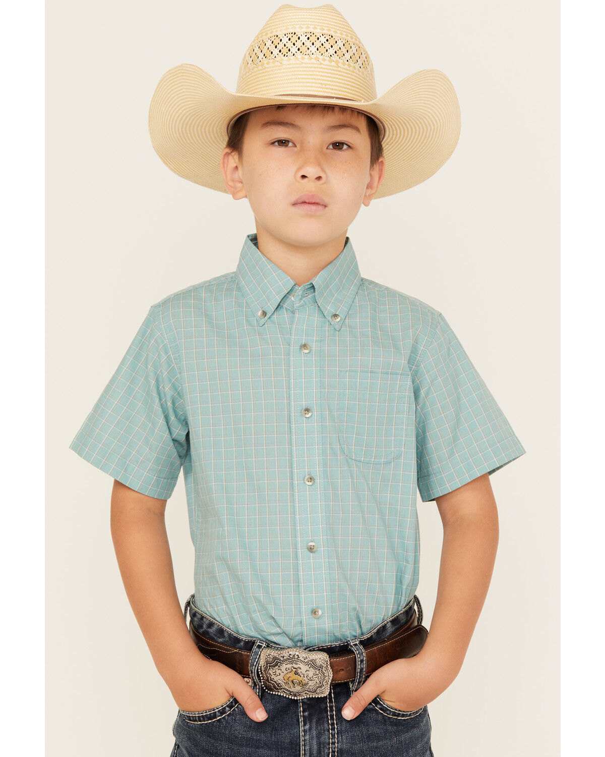 Boys' Wrangler Riata Plaid Print Short Sleeve Button-Down Western Shir