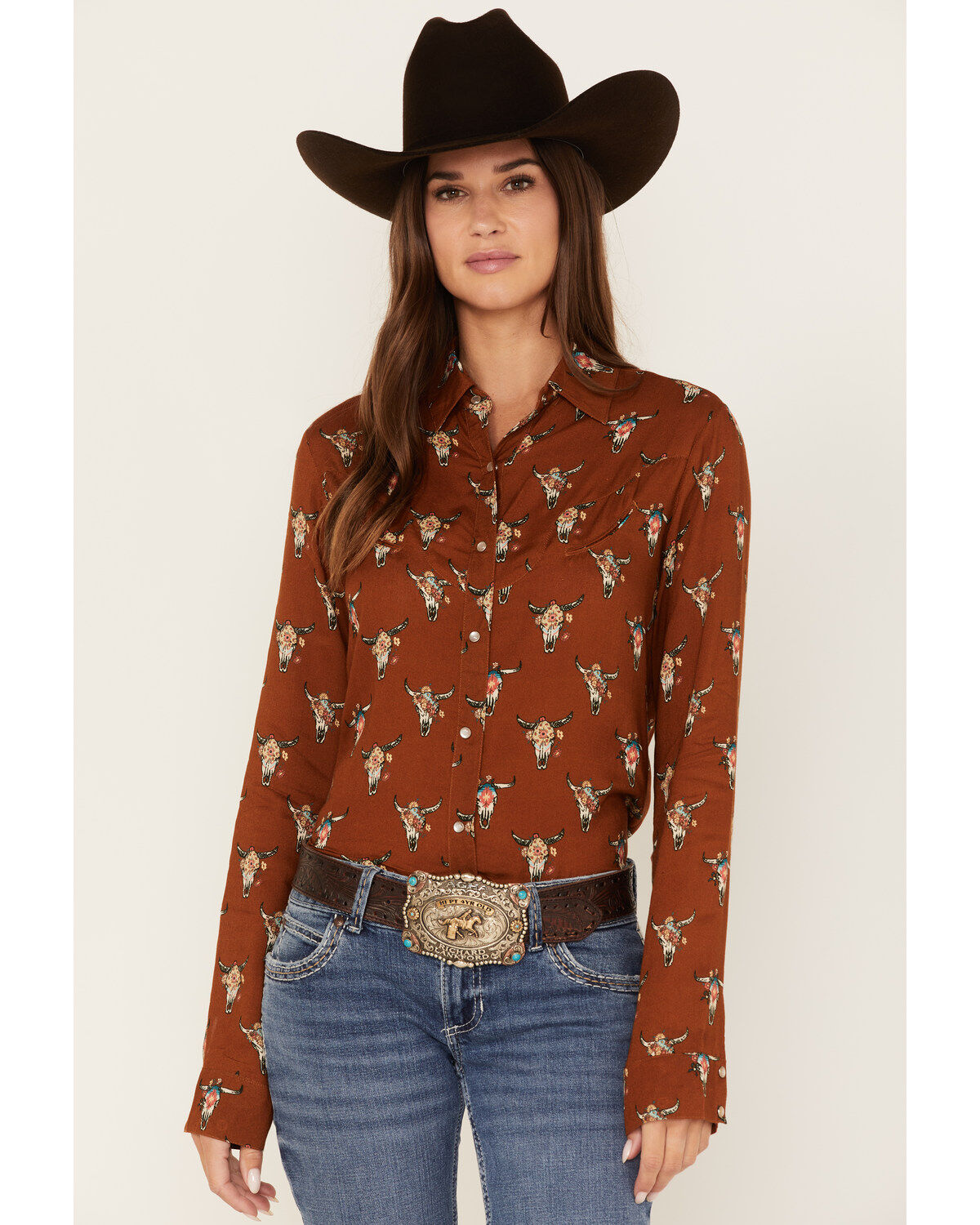 Women's Roper Steer Head Skull Print Long Sleeve Pearl Snap Western Sh