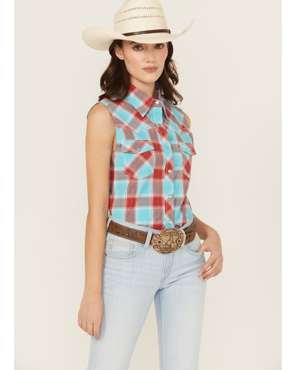 Women's Cowgirl Hardware Plaid Print Sleeveless Snap Stretch Western S