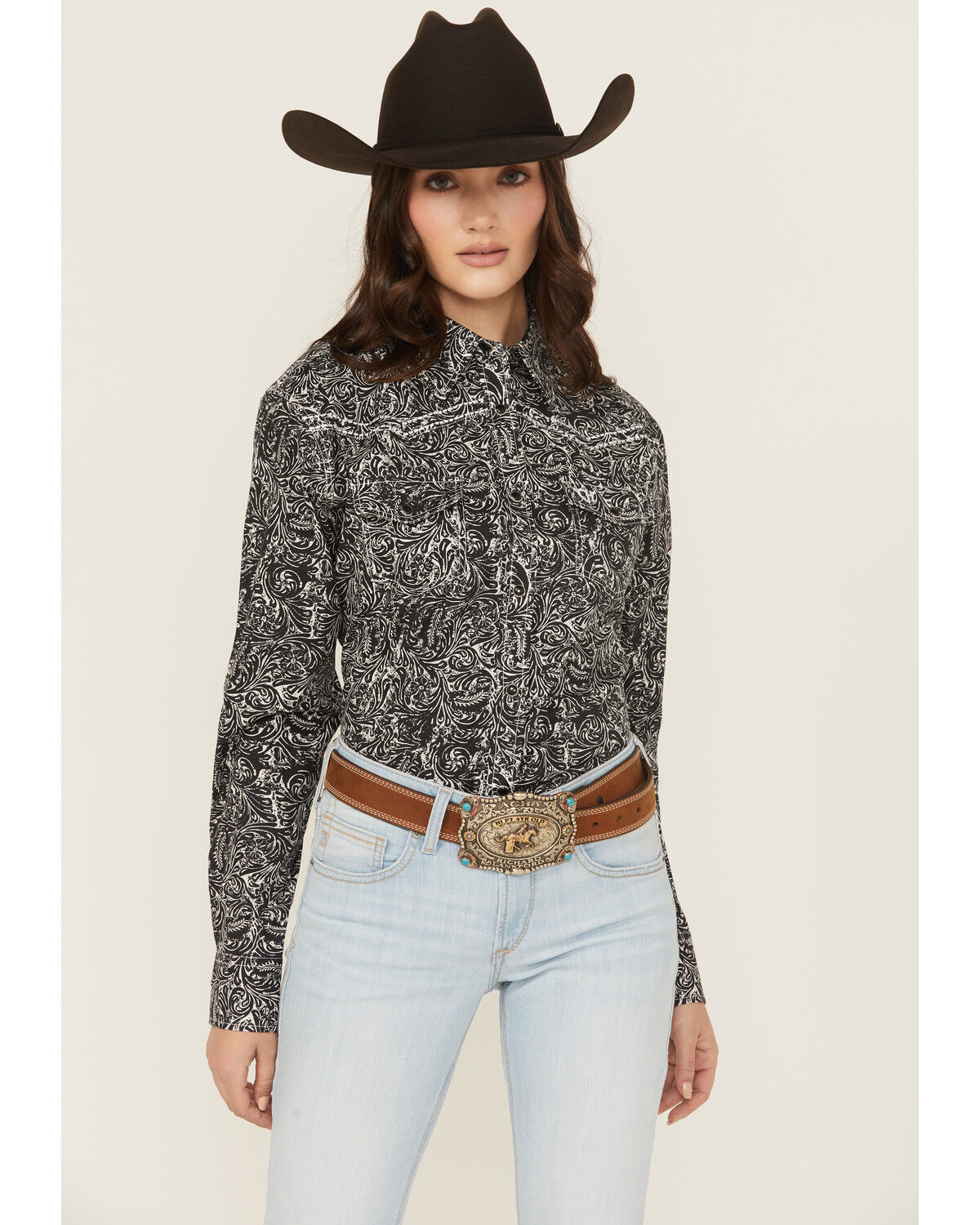 Women's Cowgirl Hardware Scroll Print Long Sleeve Snap Stretch Western