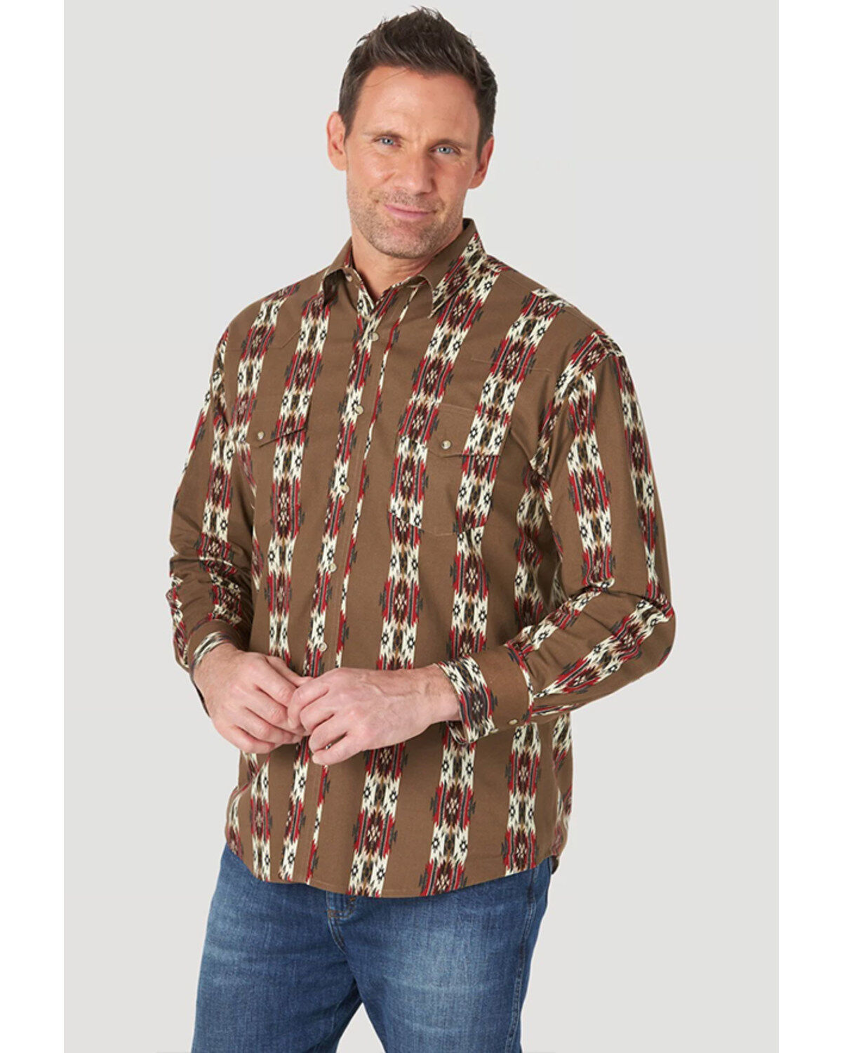 Men's Wrangler Brown Southwestern Checotah Long Sleeve Snap Western Sh