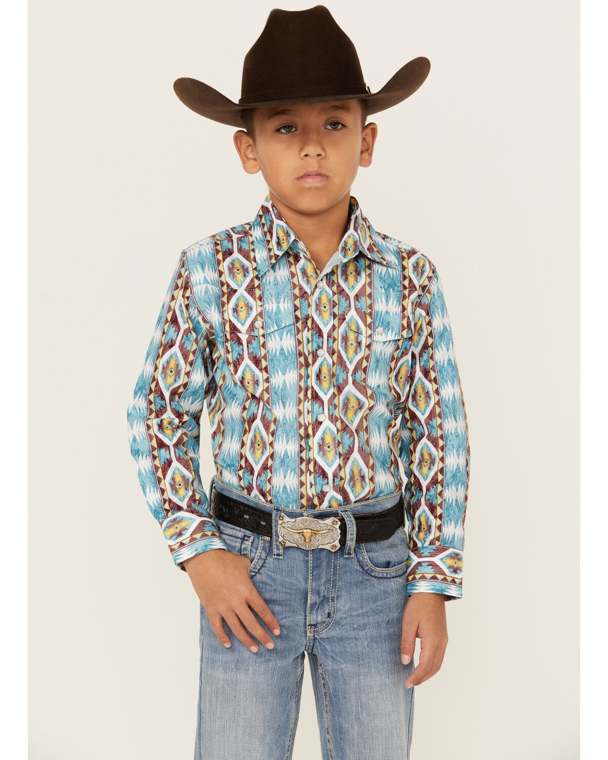 Boys' Wrangler Checotah Southwestern Striped Long Sleeve Pearl Snap We