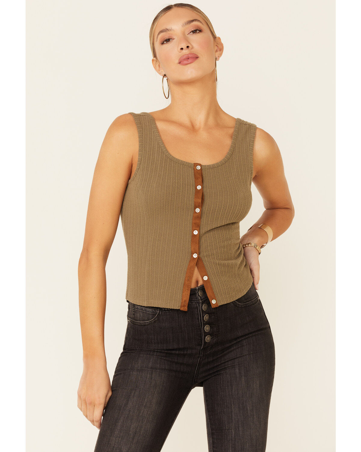 Women's Shyanne Ribbed Suede Placket Button-Down Tank Top