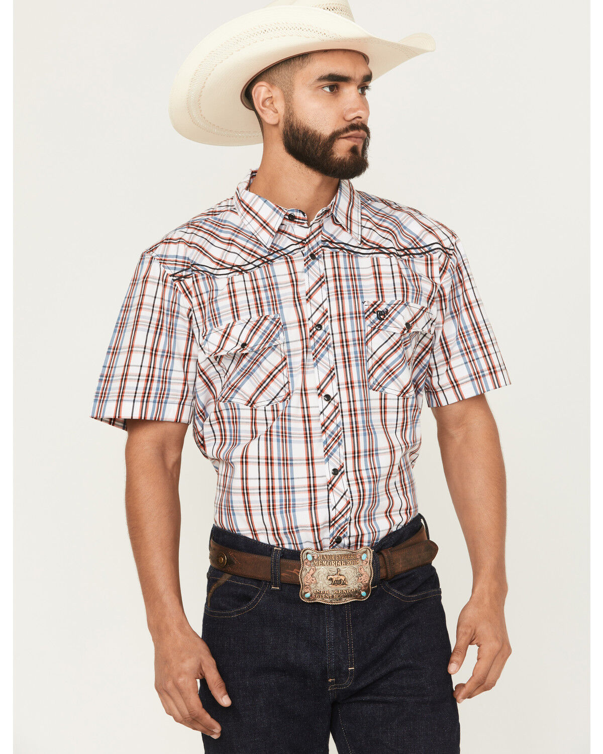 Men's Cowboy Hardware Austin Plaid Print Short Sleeve Snap Western Shi