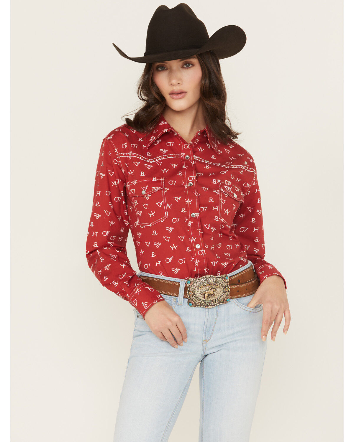 Women's Cowgirl Hardware Branding Print Long Sleeve Rhinestone Snap St
