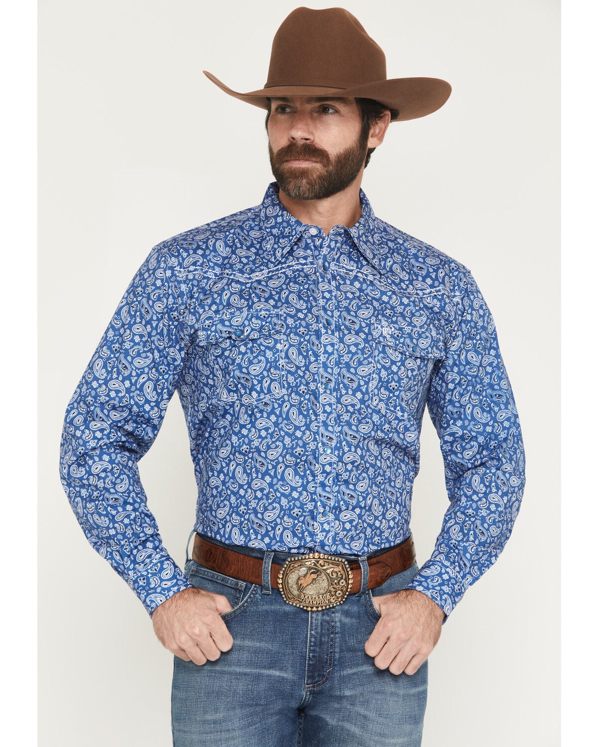 Men's Cowboy Hardware Scatter Paisley Print Long Sleeve Pearl Snap Str