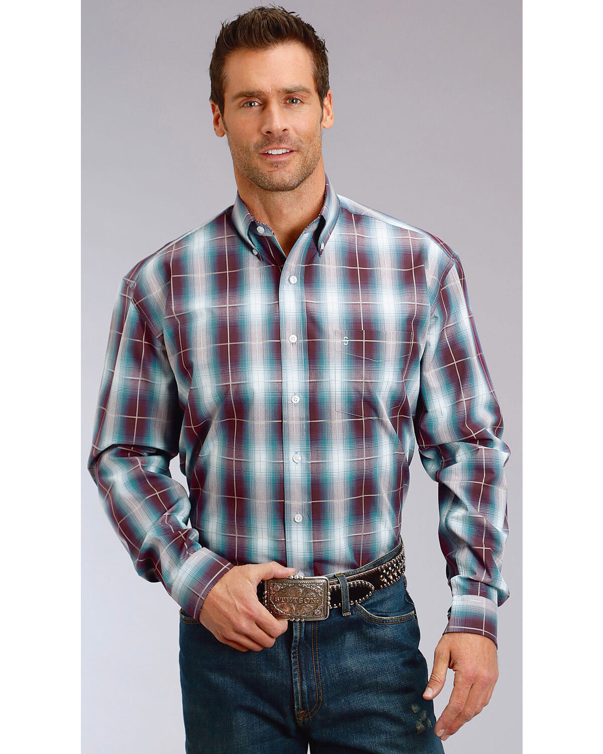 Men's Stetson Plaid Print Long Sleeve Button Down Western Shirt