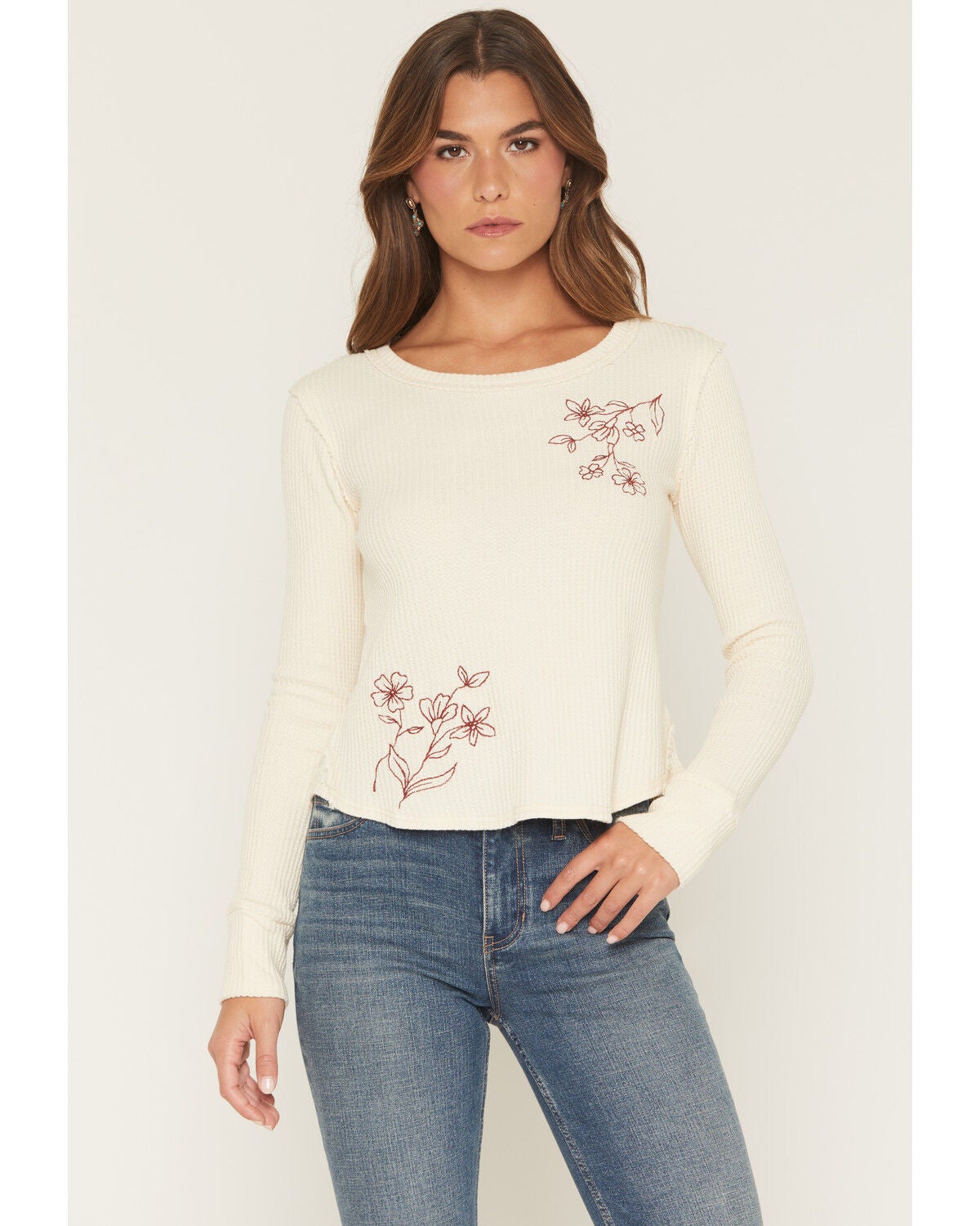Women's Wild Moss Floral Embroidered Thermal Long Sleeve Top
