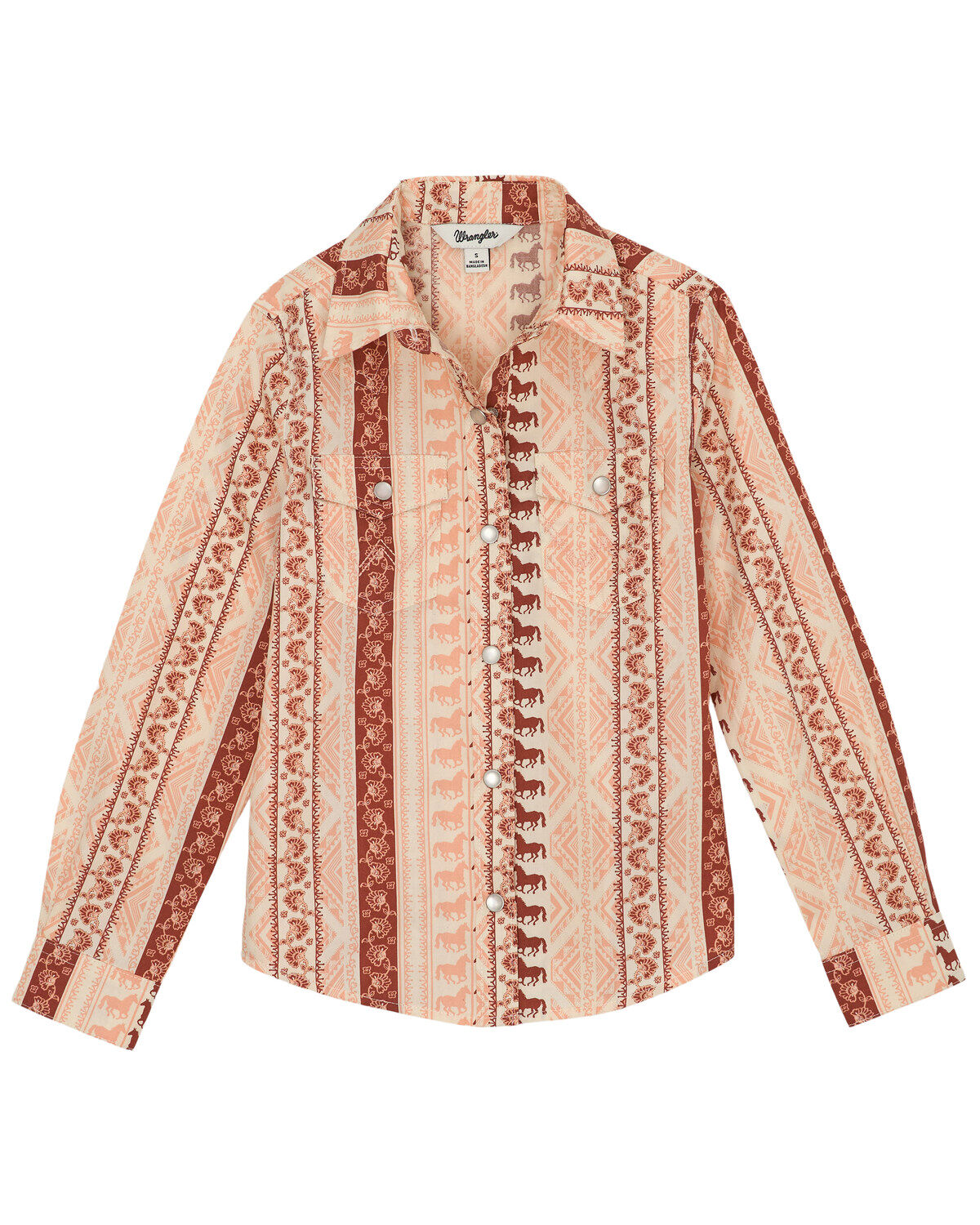 Girls' Wrangler Horse Striped Print Long Sleeve Snap Western Shirt