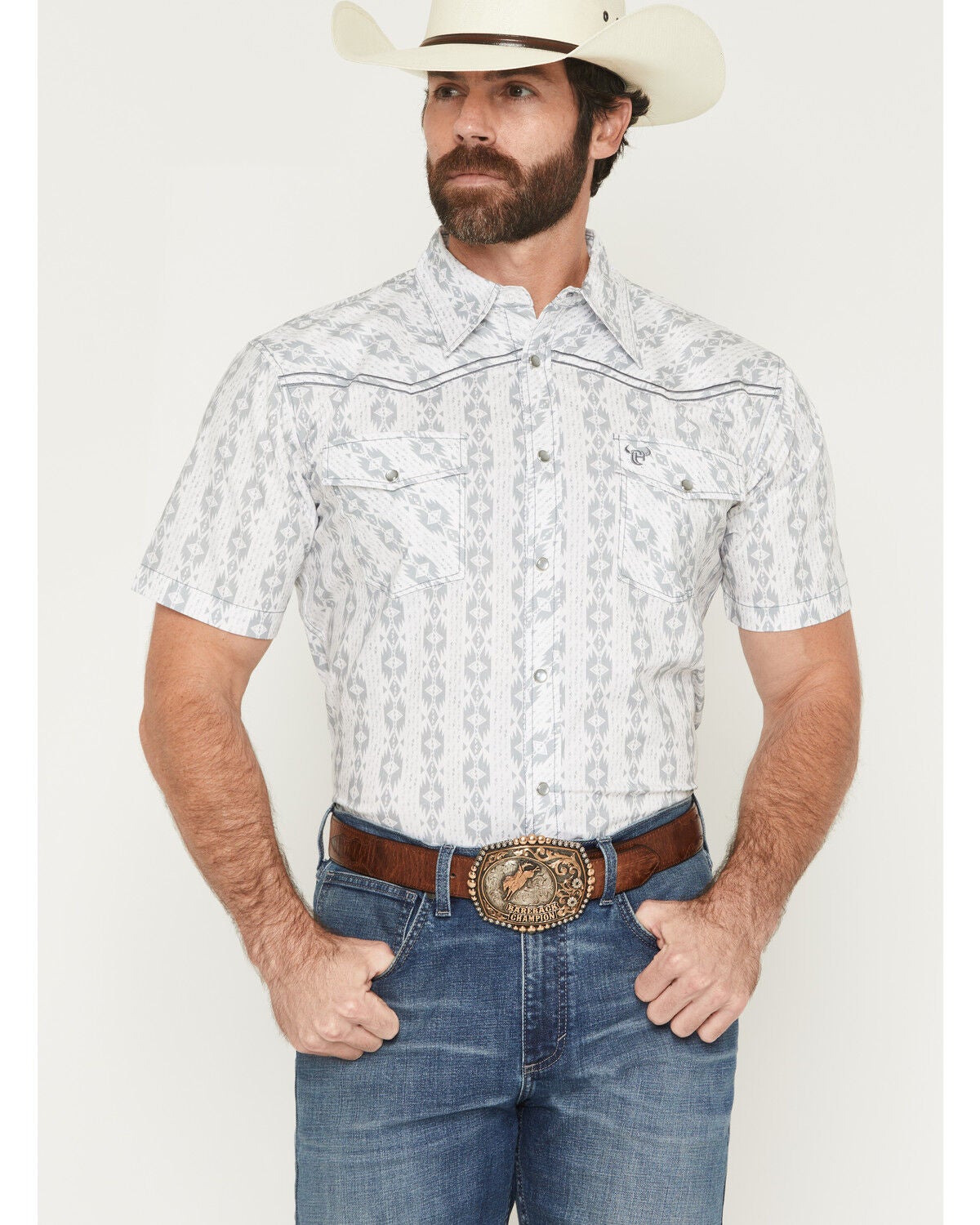 Men's Cowboy Hardware Southwestern Print Short Sleeve Pearl Snap Stret