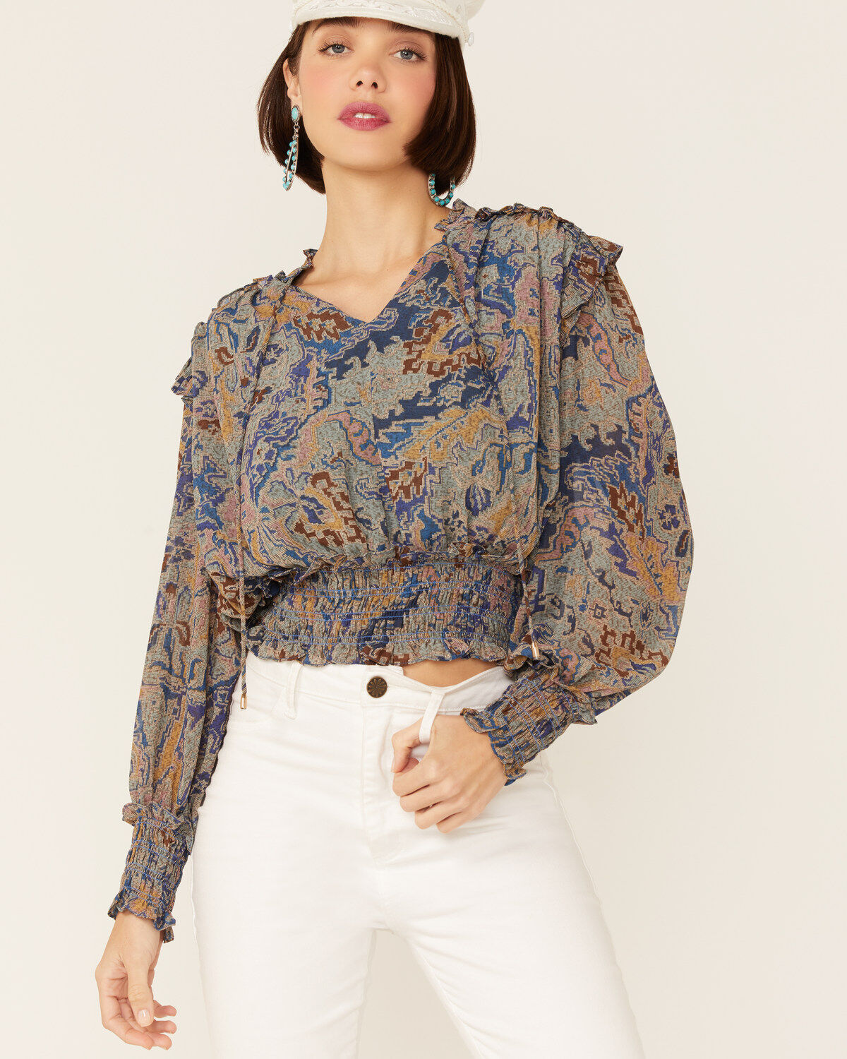 Women's Revel Tapestry Print Smocked Long Sleeve Top