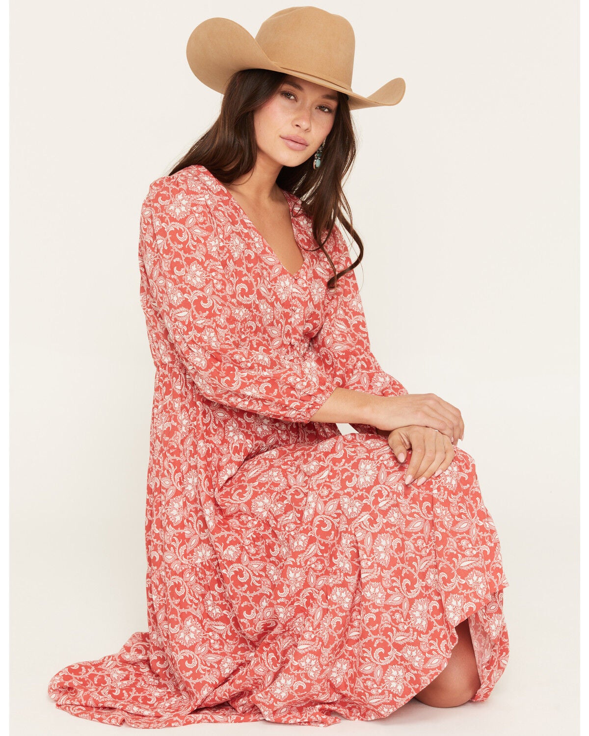Women's Panhandle Slim Floral Paisley Print Long Sleeve Midi Dress