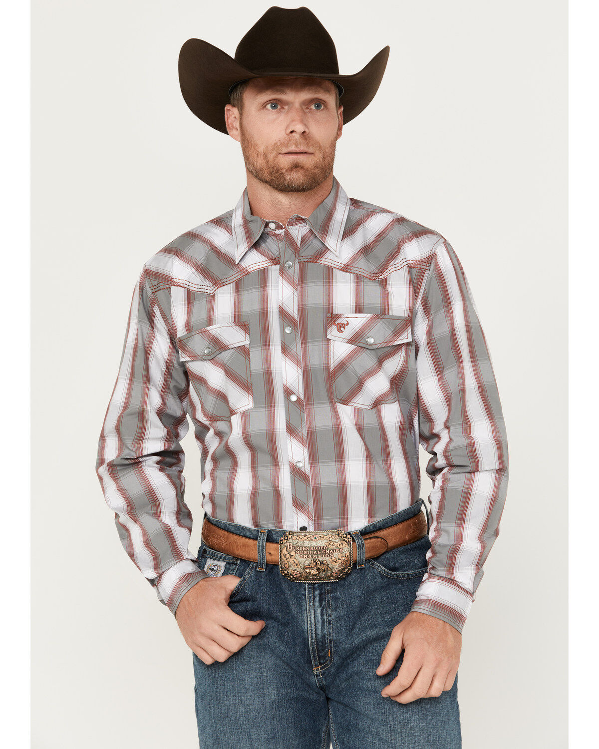 Men's Cowboy Hardware Hombre Plaid Print Long Sleeve Pearl Snap Wester