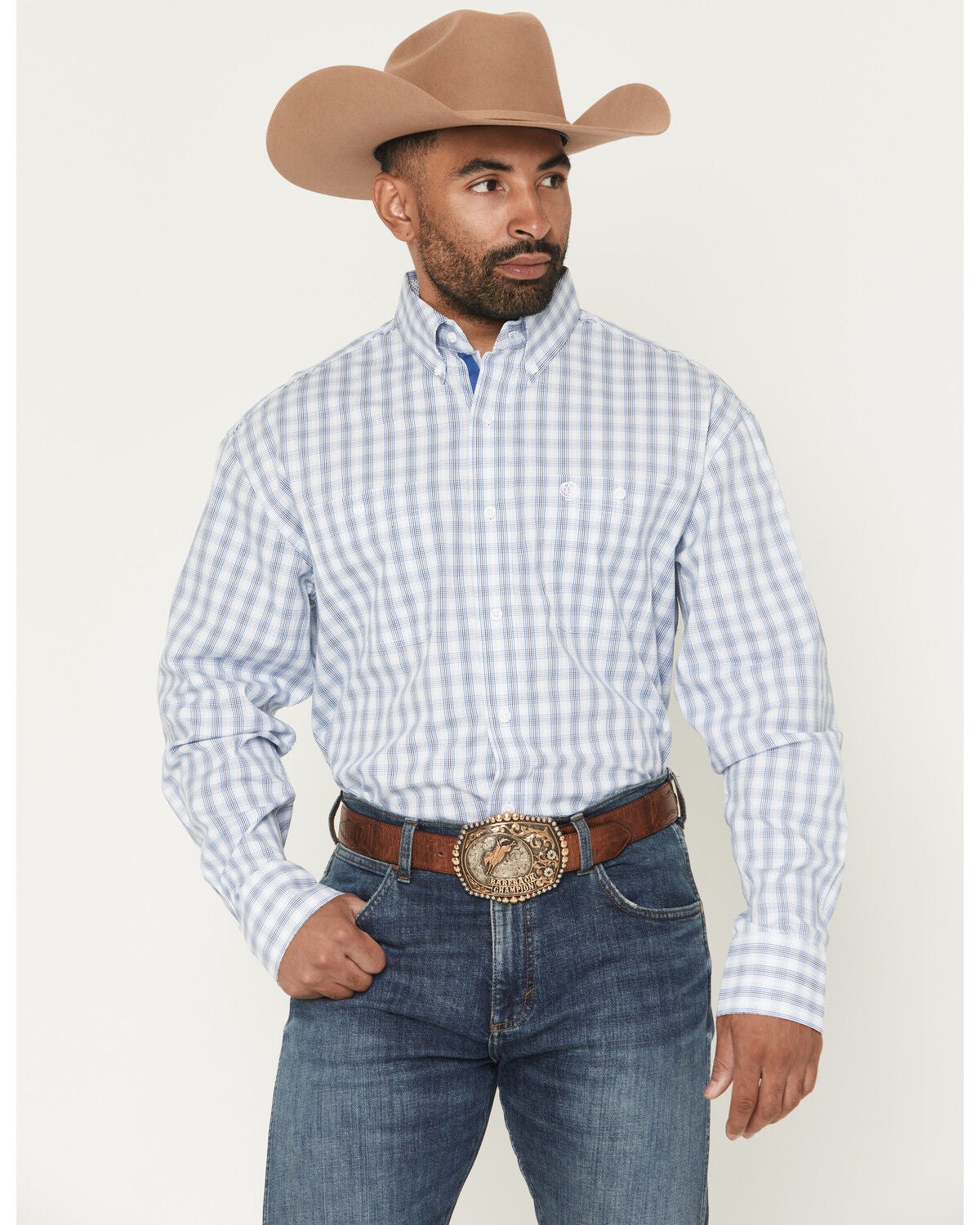 Men's Wrangler George Strait by Plaid Print Long Sleeve Button-Down St