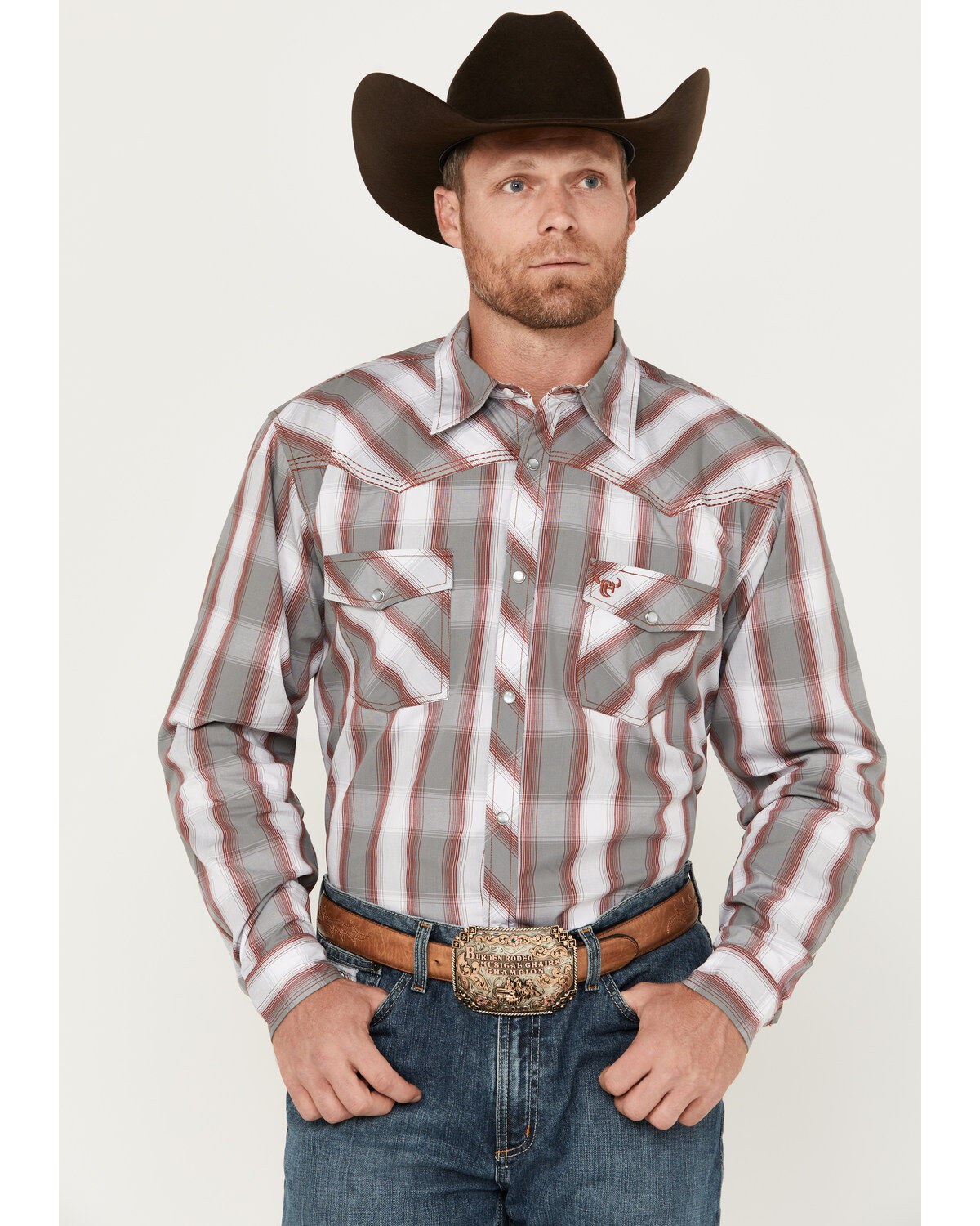 Men's Cowboy Hardware Hombre Plaid Print Long Sleeve Pearl Snap Wester