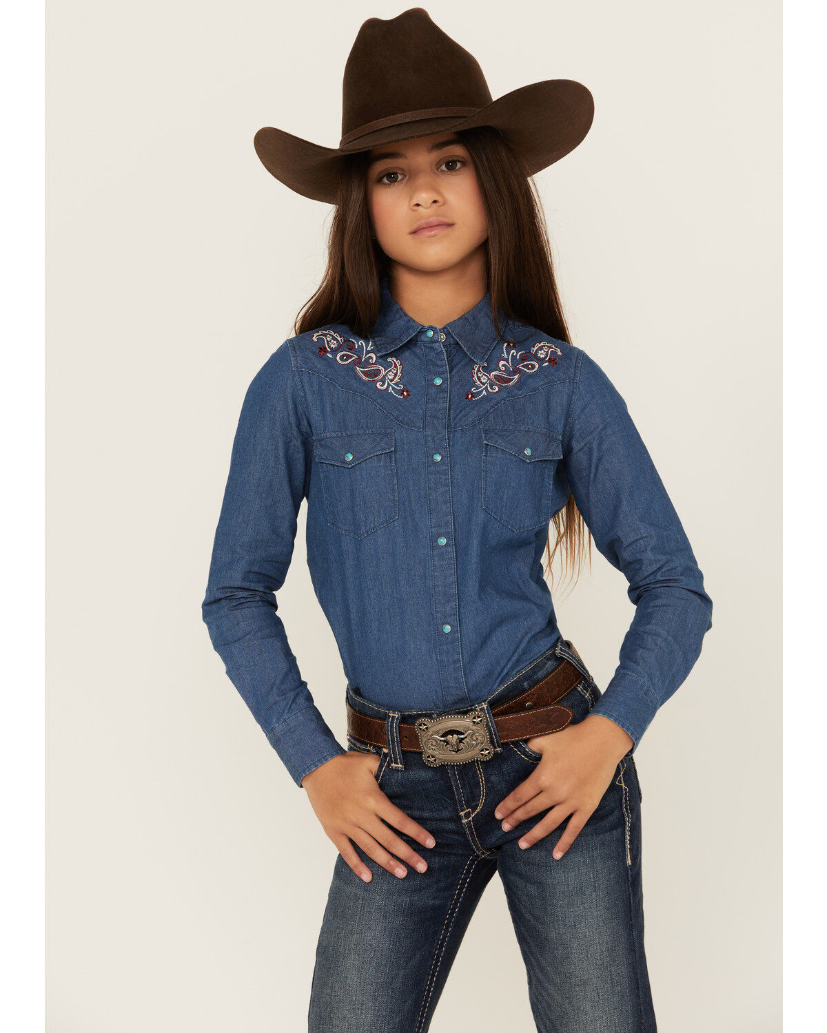 Girls' Shyanne Fairview Chambray Long Sleeve Snap Western Shirt