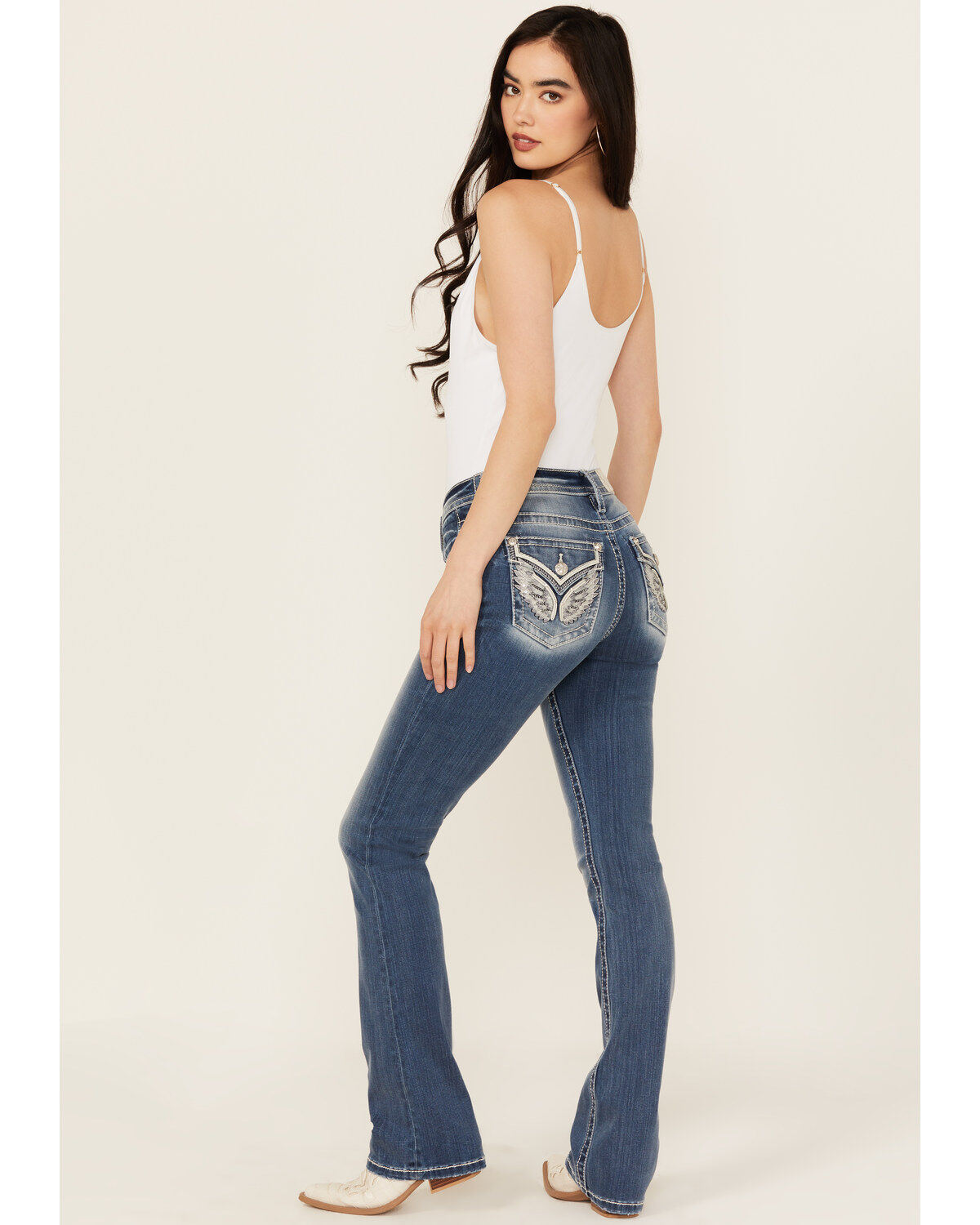 Women's Miss Me Medium Wash Mid Rise Wing Pocket Bootcut Stretch Denim