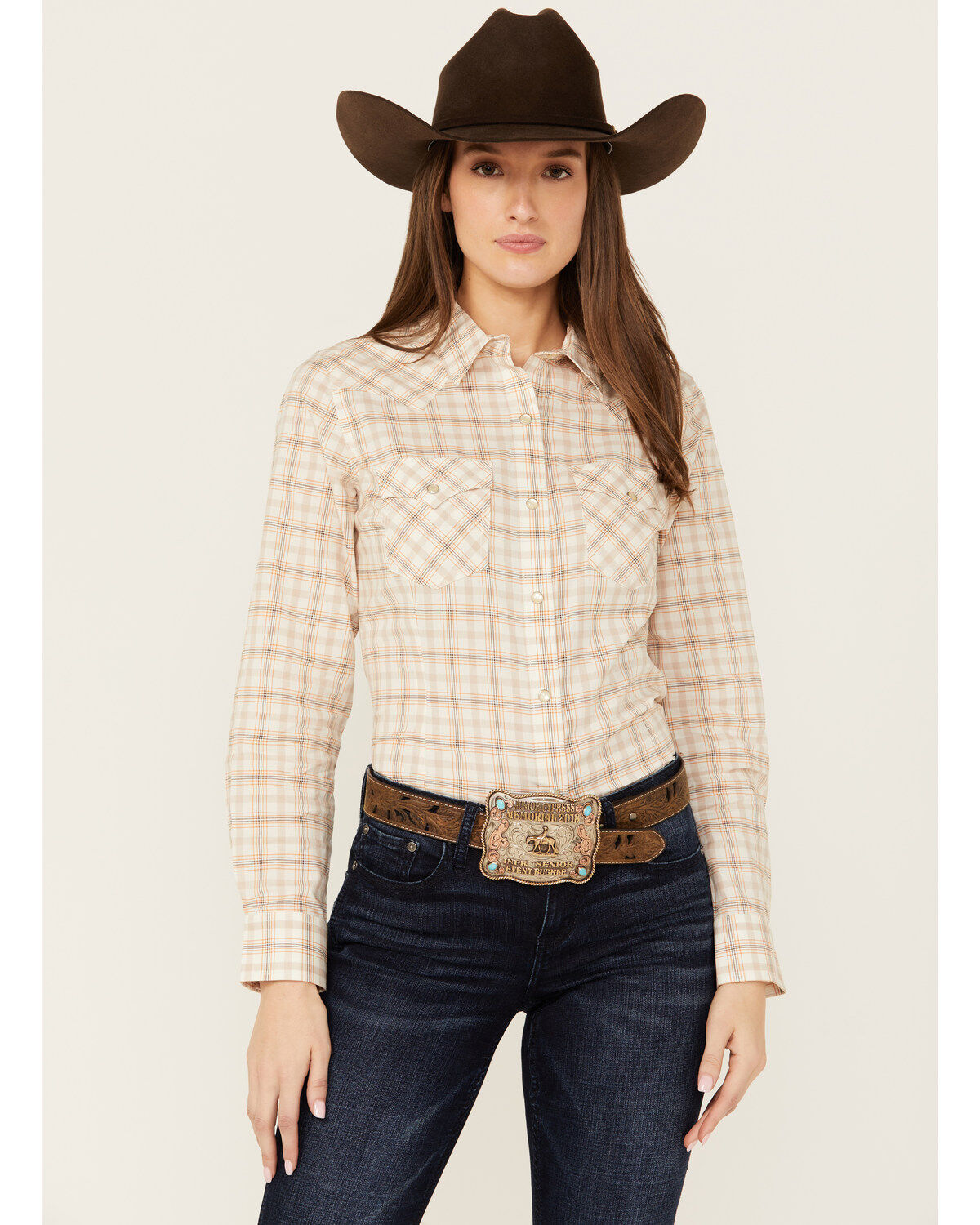 Women's Wrangler Retro Plaid Print Long Sleeve Pearl Snap Western Shir