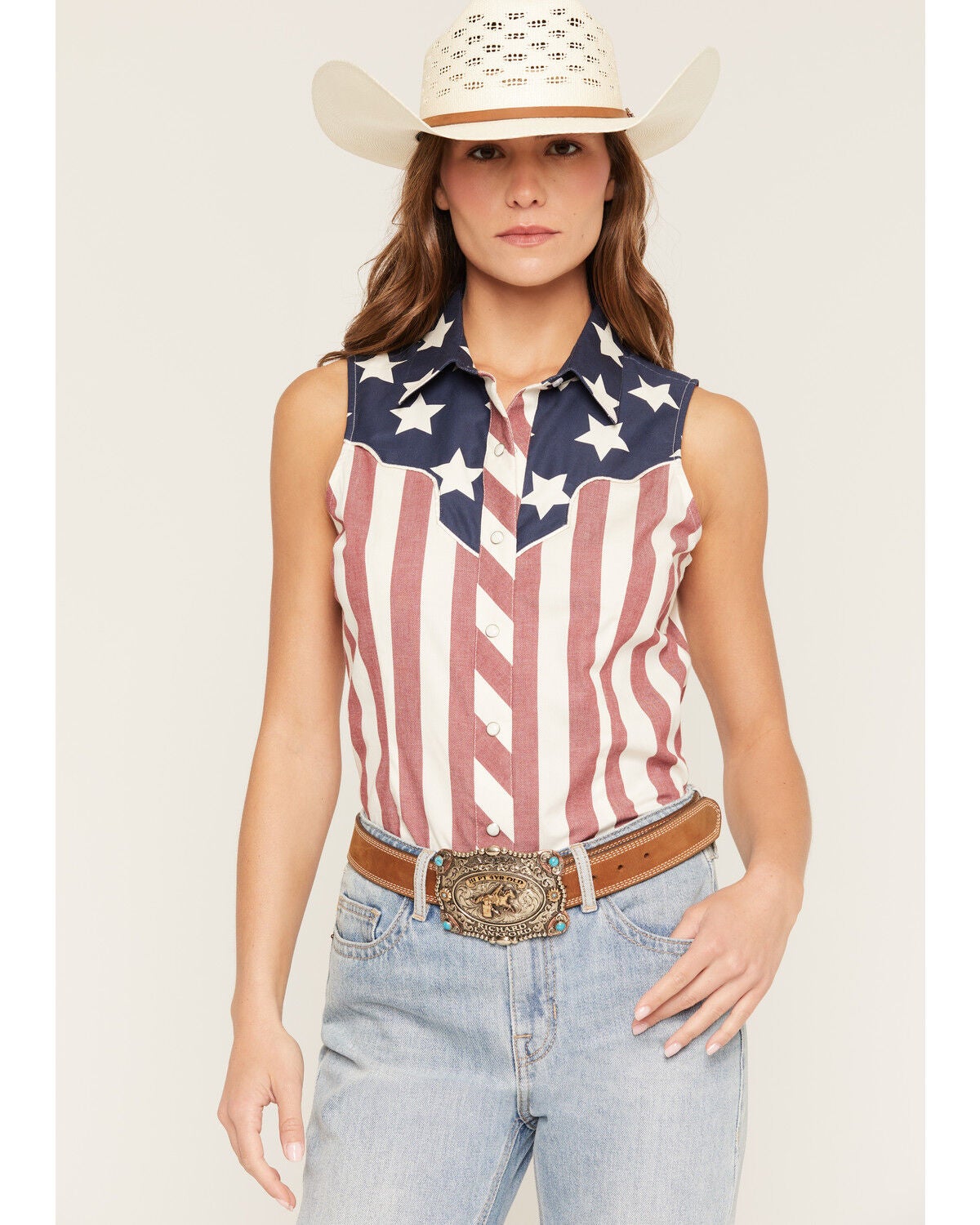 Women's Rock & Roll Denim Americana Sleeveless Snap Stretch Western Sh
