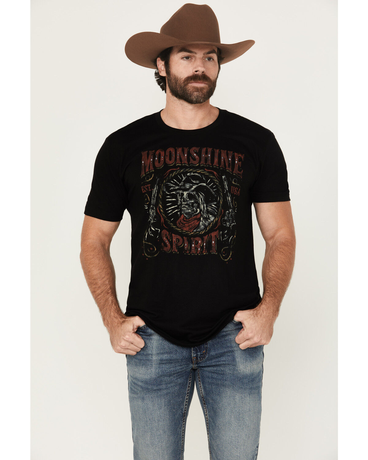 Men's Moonshine Spirit Skeleton Cowboy Short Sleeve Graphic T-Shirt